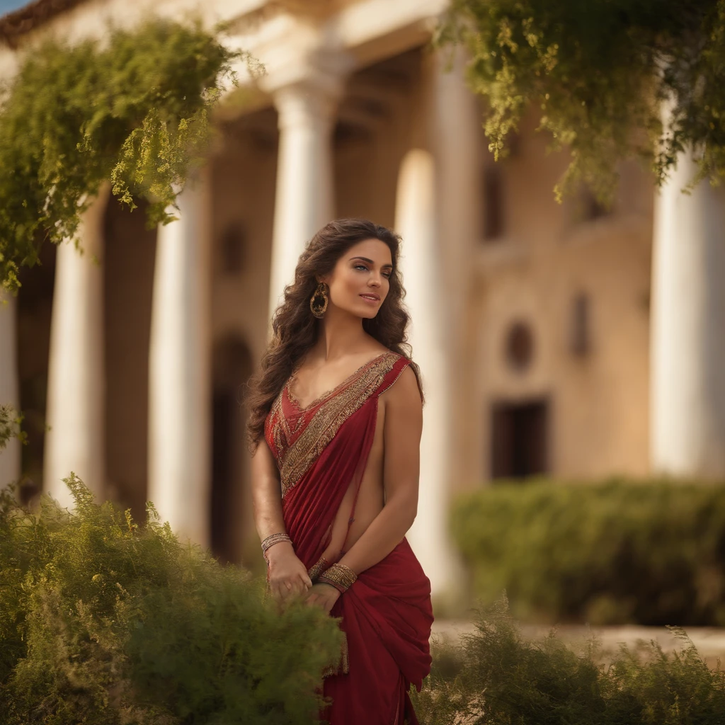 (best quality,4k,highres,masterpiece:1.2),ultra-detailed,(realistic,photorealistic,photo-realistic:1.37),Greek maenad in a rural landscape from Ancient Greece,woman devotee of God Dionysus,oak leaf crown,wild and untamed hair,frenzied dancing and ecstatic expression,natural and flowing garments,draped in a silk chiton and a himation,rich and vibrant colors,playful and mischievous eyes,faint blush on the cheeks,strong and graceful body movement,surrounded by lush vineyards and olive groves,sunlight filtering through the leaves,soft and warm golden light,lively and energetic atmosphere,mysterious and ethereal mist,powerful and enchanting aura,traditional Greek instruments playing in the background,hint of grape vines and wine amphorae,distinctive Greek architecture in the distance,historical and cultural significance,mythical and magical ambiance.