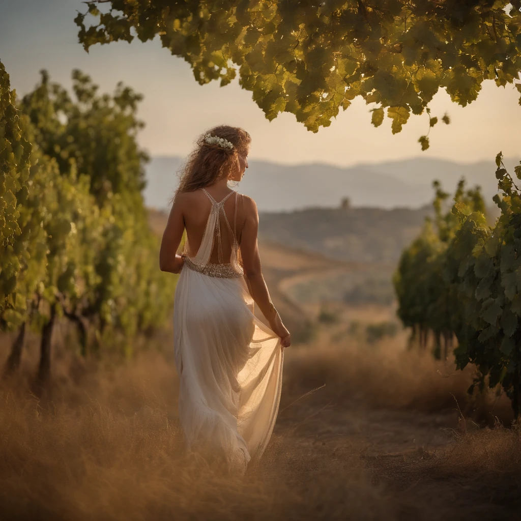 (best quality,4k,highres,masterpiece:1.2),ultra-detailed,(realistic,photorealistic,photo-realistic:1.37),Greek maenad in a rural landscape from Ancient Greece,woman devotee of God Dionysus,oak leaf crown,wild and untamed hair,frenzied dancing and ecstatic expression,natural and flowing garments,draped in a silk chiton and a himation,rich and vibrant colors,playful and mischievous eyes,faint blush on the cheeks,strong and graceful body movement,surrounded by lush vineyards and olive groves,sunlight filtering through the leaves,soft and warm golden light,lively and energetic atmosphere,mysterious and ethereal mist,powerful and enchanting aura,traditional Greek instruments playing in the background,hint of grape vines and wine amphorae,distinctive Greek architecture in the distance,historical and cultural significance,mythical and magical ambiance.