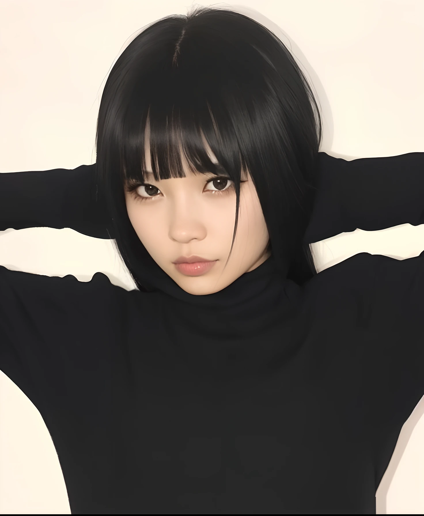 mulher com cabelo preto e um top preto posando para uma foto, Sui Ishida com cabelo preto, Ela tem cabelo preto com franja, Chiho, preto hime corte cabelo, O corte Hime, Shikami, Chiho Ashima, cabelo blackbangs cabelo, cabelo preto e franja branca, Shiori Teshirogi