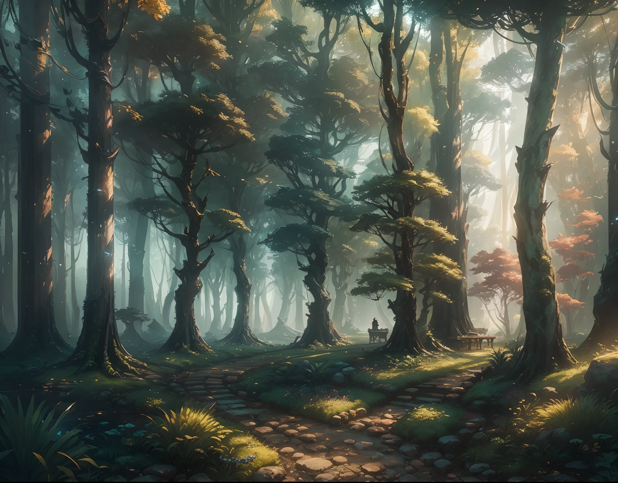 a world of trees and nature inside a modern office building, in the style of highly detailed imaginativ landscapes, peaceful scenes, rich greens, staged realism, detailed fantasy, light painting, 4k, stock photo, a beautiful asian princess, intricate concept art, ethereal, ominous, dramatic lighting, cyberpunk darksynth, ruan jia and zeronis and wlop --auto --s2