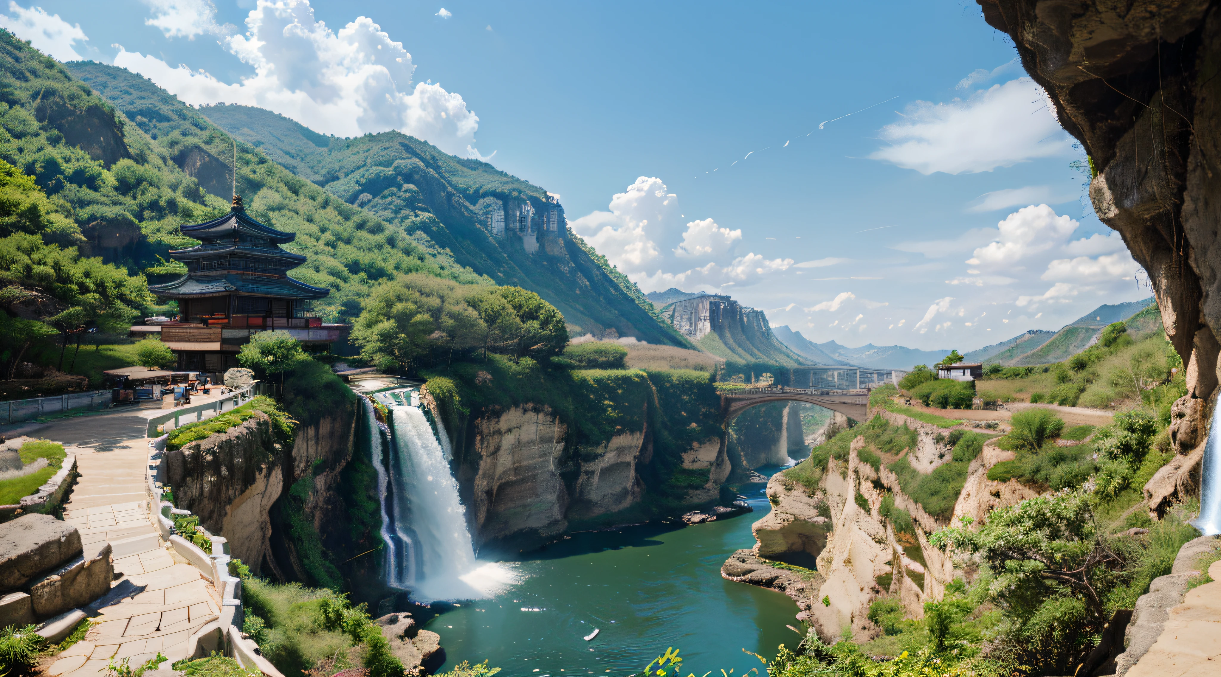 Korea, In a canyon with green hills on both sides,Wide river below,(Majestic waterfall:1.2),Ultimate Prospect,There are birds in the sky,With blue sky and white clouds, Clear clear skies, Realisticstyle, Photo Level,8K,The highest image quality, super detaill, Traditional Korean houses on cliffs