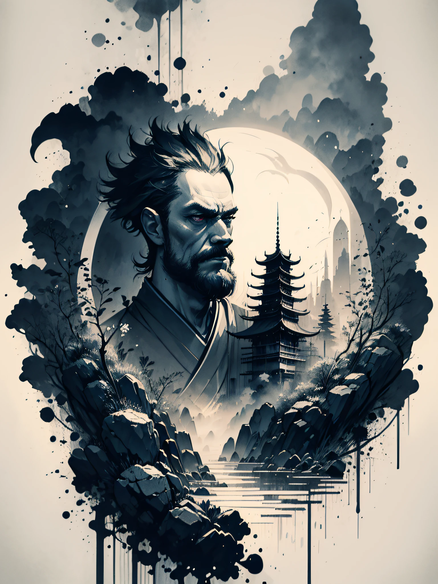Masterpiece of a Yakuza, drawn by Anato finnstark, white background with one color ink stains, drawing stroke made with 0.5 mm Rottring marker, details with high contrast colors, black and white, anime style, Japanese theme, hyperdetailed, ultra quality, 4k, very intricate, chiaroscuro lighting,