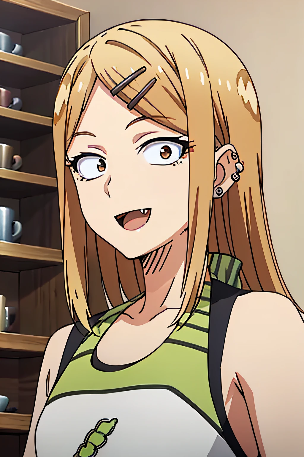 sayaendo, brown eyes, blonde hair, long hair, hairclip, ear piercing, sanpaku, open mouth, fang, apron, 1girl, solo, facing viewer, looking at viewer, upper body, smile,