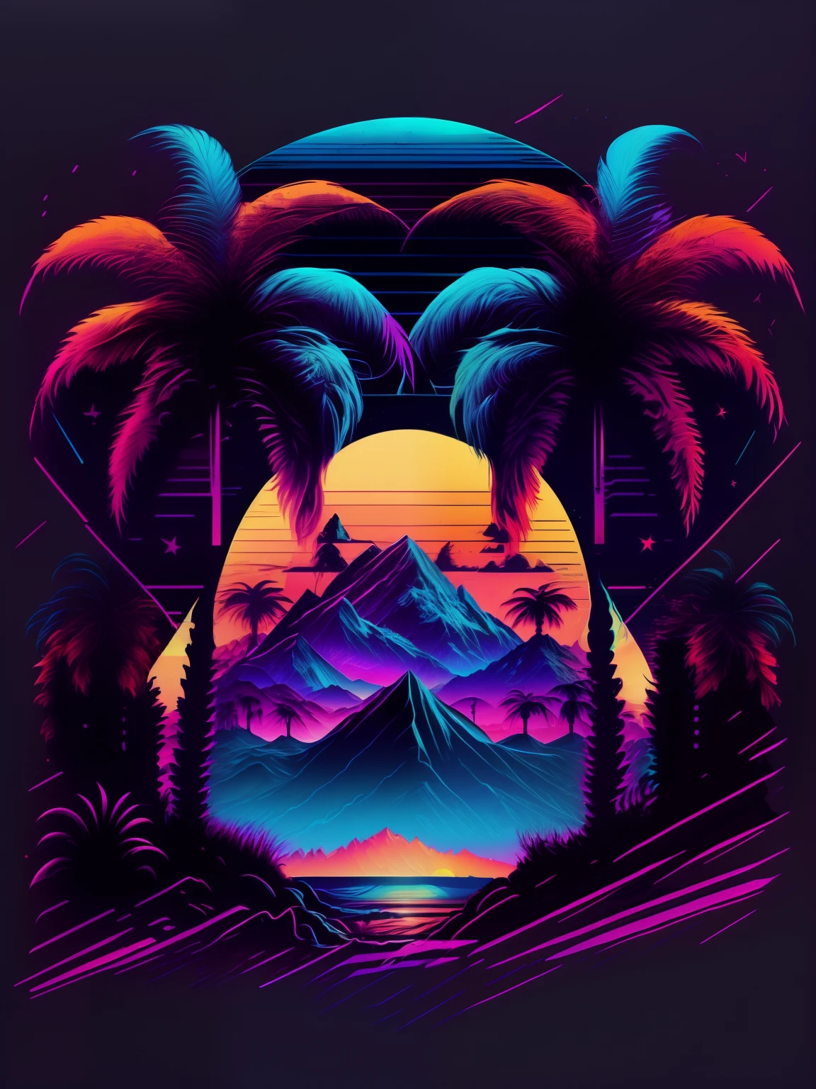 mountains, palm trees and sun, vectorized, synthwave, purple blue red orange, bright neon colors on a dark background,