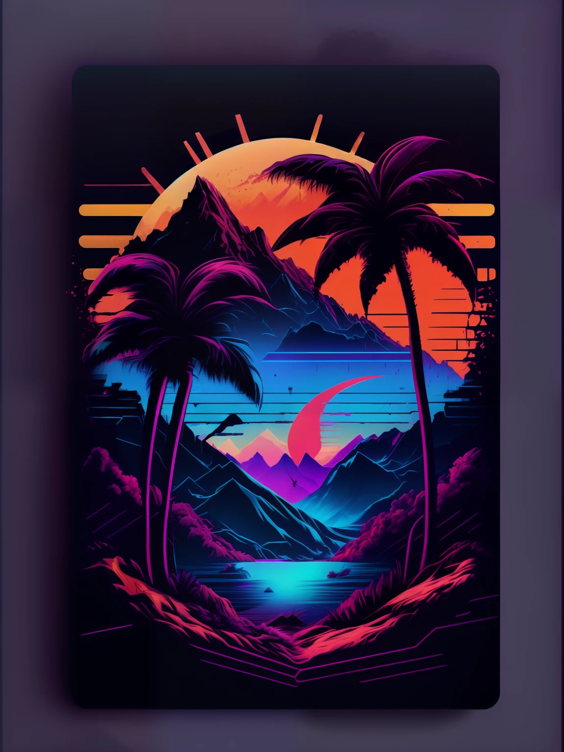 mountains, palm trees and sun, vectorized, synthwave, purple blue red orange, bright neon colors on a dark background,