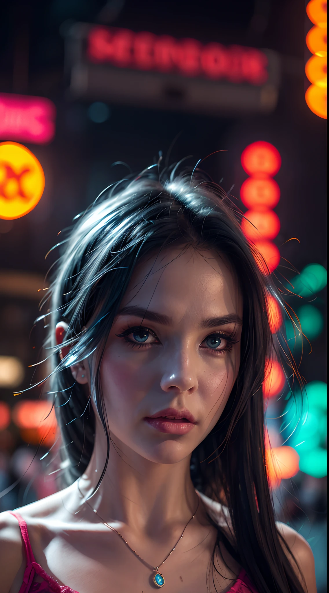 GORGEOUS WOMAN, BEAUTIFUL FACE, SUPER DETAILED, EYES IN TEARS, WITH ROSES, NEON LIGHTS, GLARE, GAUDY, GLARING, CHARMING, GLITTER SHIMMER SKIN, SCARS ON SKIN, DREAMY COSTUME, LONG HAIR, FANTASY, FANTASY DIGITAL ART BY WLOP,