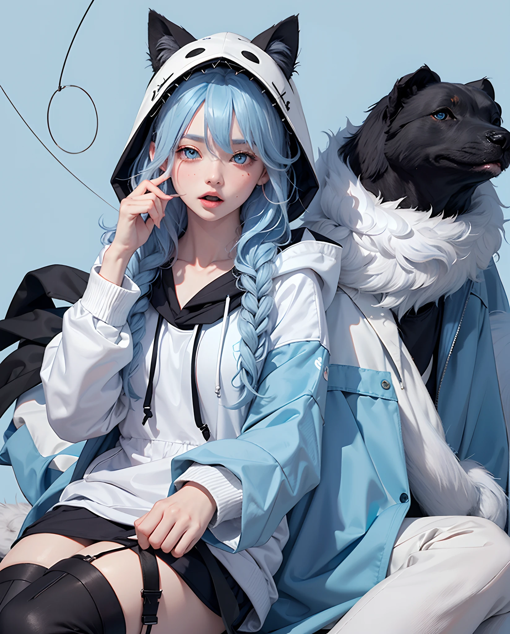 masterpiece, best quality, 1girl, solo, blush, (blue_hair:1.34), (messy_hair), (hair_over_one_eye), (light_blue_eyes:1.34), black cloak, animal_ear hoodie, hood up, corset, white_blouse, black_boot, shameful, shy, open mouth