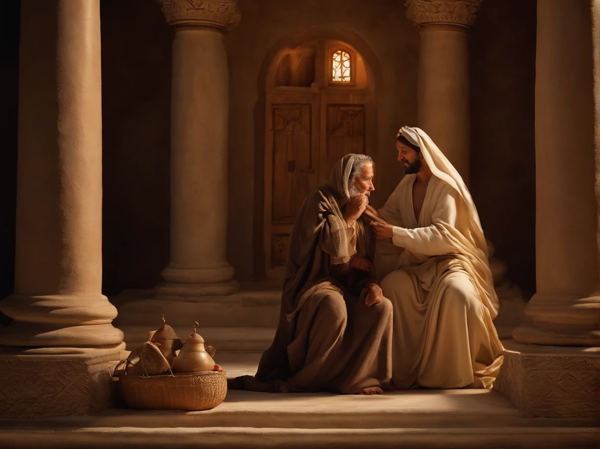 "Por favor, create a hyper-realistic photographic image that depicts the scene of Mary and Joseph in front of the Temple and the Infant Jesus playing, semblante em seu rosto transmite felicidade e alegria , display expressions of curiosity and contentment. The photography is extremely realistic, with specular illumination, volumetric facial light, and visible shadows, enfatizando detalhes intrincados. The image is elaborate and hyper-realistic, capturing the cultural richness of the time and the emotion of the moment, Based on the biblical narrative."