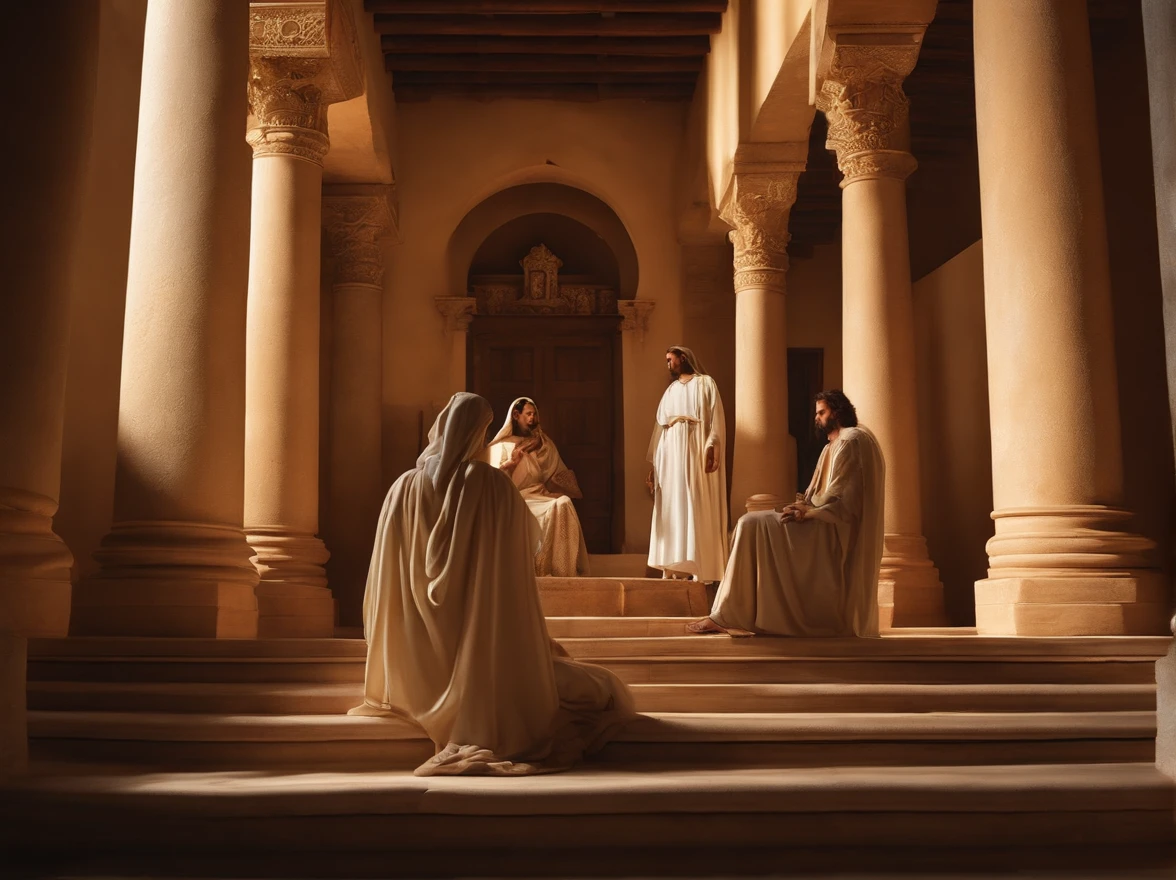 "Por favor, create a hyper-realistic photographic image that depicts the scene of Mary and Joseph in front of the Temple and the Infant Jesus playing, semblante em seu rosto transmite felicidade e alegria , display expressions of curiosity and contentment. The photography is extremely realistic, with specular illumination, volumetric facial light, and visible shadows, enfatizando detalhes intrincados. The image is elaborate and hyper-realistic, capturing the cultural richness of the time and the emotion of the moment, Based on the biblical narrative."