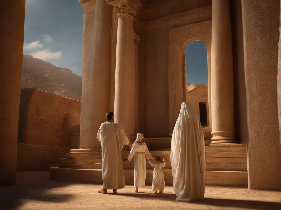 "Por favor, create a hyper-realistic photographic image that depicts the scene of Mary and Joseph in front of the Temple and the Infant Jesus playing, semblante em seu rosto transmite felicidade e alegria , display expressions of curiosity and contentment. The photography is extremely realistic, with specular illumination, volumetric  light, and visible shadows, enfatizando detalhes intrincados. The image is elaborate and hyper-realistic, capturing the cultural richness of the time and the emotion of the moment, Based on the biblical narrative."