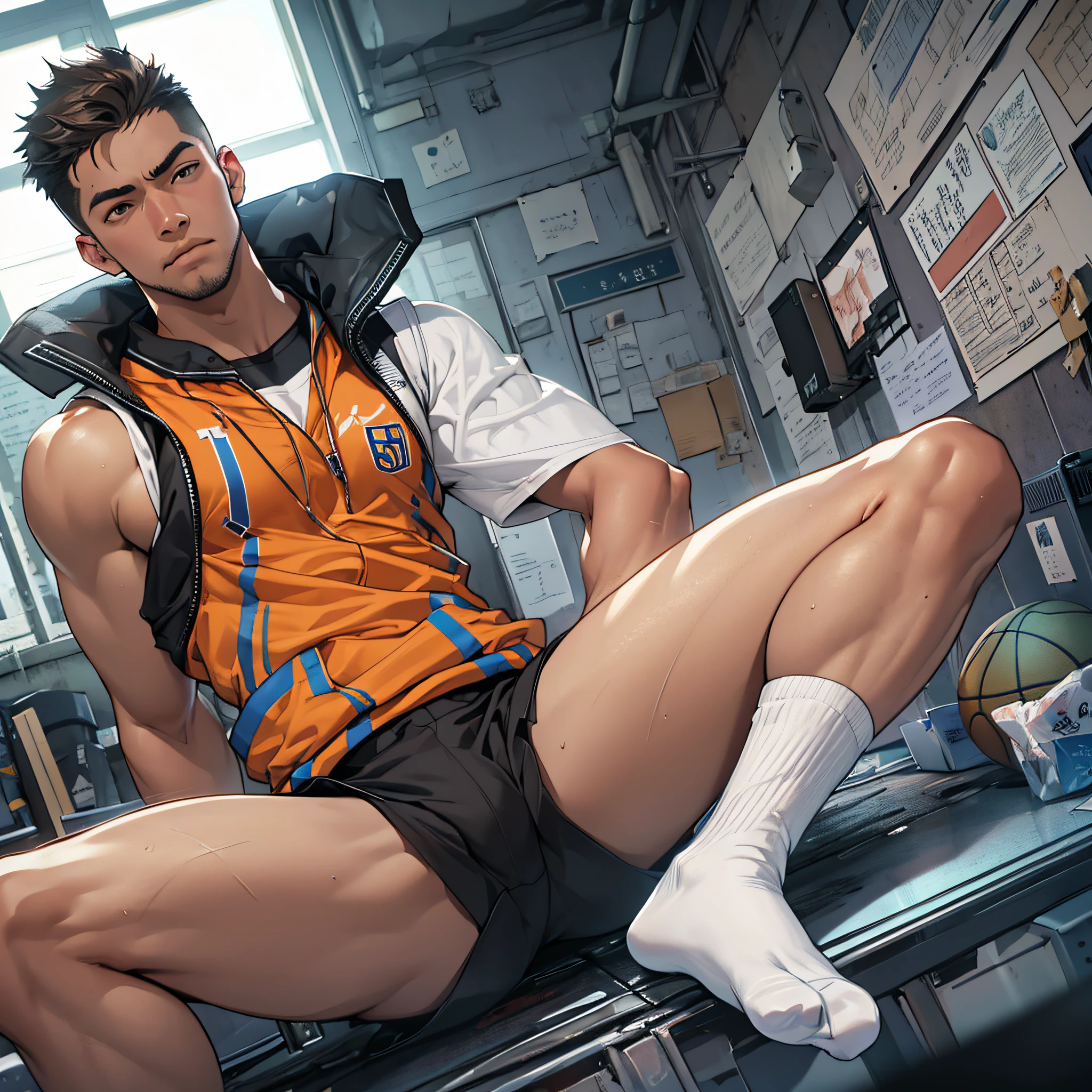 Libido boy,Tong,large pecs,Big bag,Half recumbent,CG sense,POV perspective,spread their legs,Dark atmosphere,8K,Cinematic lighting effects,Textured skin,best qualtiy,Storytelling images,Storytelling images,dynamic blur,actionpose,Elevation viewing angle,Physical Education Student,basketball suit,vests,Classroom,with brown skin,Serious expressions,Hot gas,Keep one's mouth shut,Abs,full bodyesbian,solo person,Bare legged,Foot odor,dermatophytosis,white short socks,Sitting down,Undress,Take off your pants,musculous