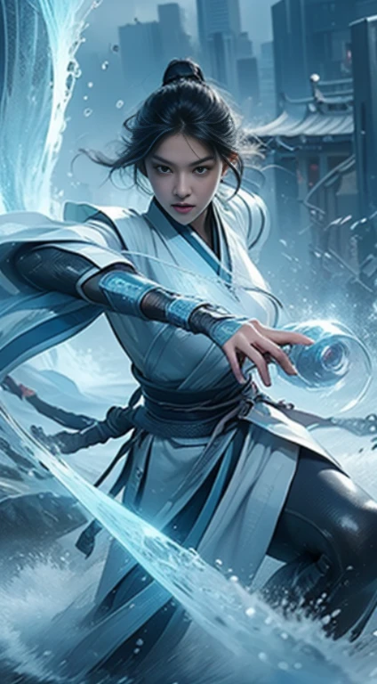Futuristic kung fu girl,futuristic urban background,full bodyesbian,Chinese Kung Fu,Sharp eyes,Clear facial features,dressed white hanfu,The body is surrounded by purple mist,Runes surround you,Martial arts action,Holographic reality,holographic halo,dynamic blur,Game lighting effects,rim-light,Soft light,cinematic rim light,The light is delicate,Beautiful martial arts, Science-fi digital art illustration, The art of digital kung fu, science fiction digital painting, futuristic digital painting, futuristic concept art, in front of a sci fi cityscape, science fiction digital art, Advanced digital cyberpunk art, Fantastic kung fu woman