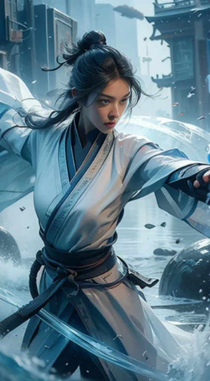 Futuristic kung fu girl,futuristic urban background,full bodyesbian,Chinese Kung Fu,Sharp eyes,Clear facial features,dressed white hanfu,The body is surrounded by purple mist,Runes surround you,Martial arts action,Holographic reality,holographic halo,dynamic blur,Game lighting effects,rim-light,Soft light,cinematic rim light,The light is delicate,Beautiful martial arts, Science-fi digital art illustration, The art of digital kung fu, science fiction digital painting, futuristic digital painting, futuristic concept art, in front of a sci fi cityscape, science fiction digital art, Advanced digital cyberpunk art, Fantastic kung fu woman