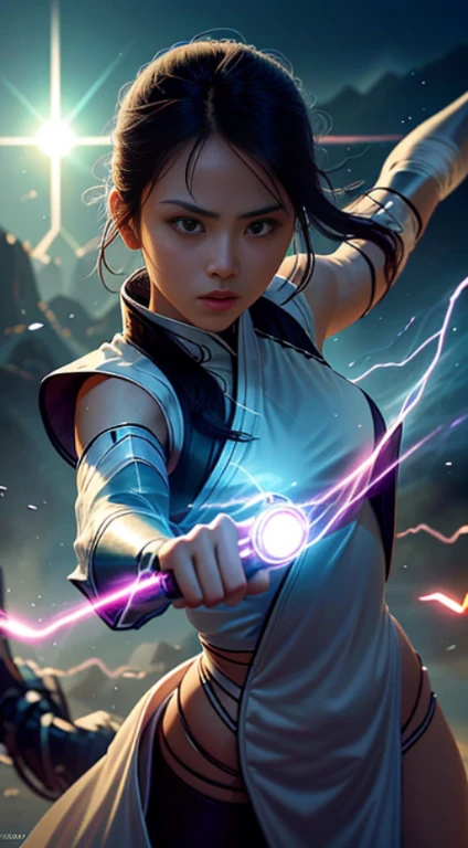 Futuristic kung fu girl,futuristic urban background,full bodyesbian,Chinese Kung Fu,Sharp eyes,Clear facial features,Wearing a white Hanfu robe,Silk robes,The body is surrounded by purple mist,Runes surround you,Martial arts action,Holographic reality,holographic halo,dynamic blur,Game lighting effects,rim-light,Soft light,cinematic rim light,The light is delicate,Beautiful martial arts, Science-fi digital art illustration, The art of digital kung fu, science fiction digital painting, futuristic digital painting, futuristic concept art, in front of a sci fi cityscape, science fiction digital art, Advanced digital cyberpunk art, Fantastic kung fu woman