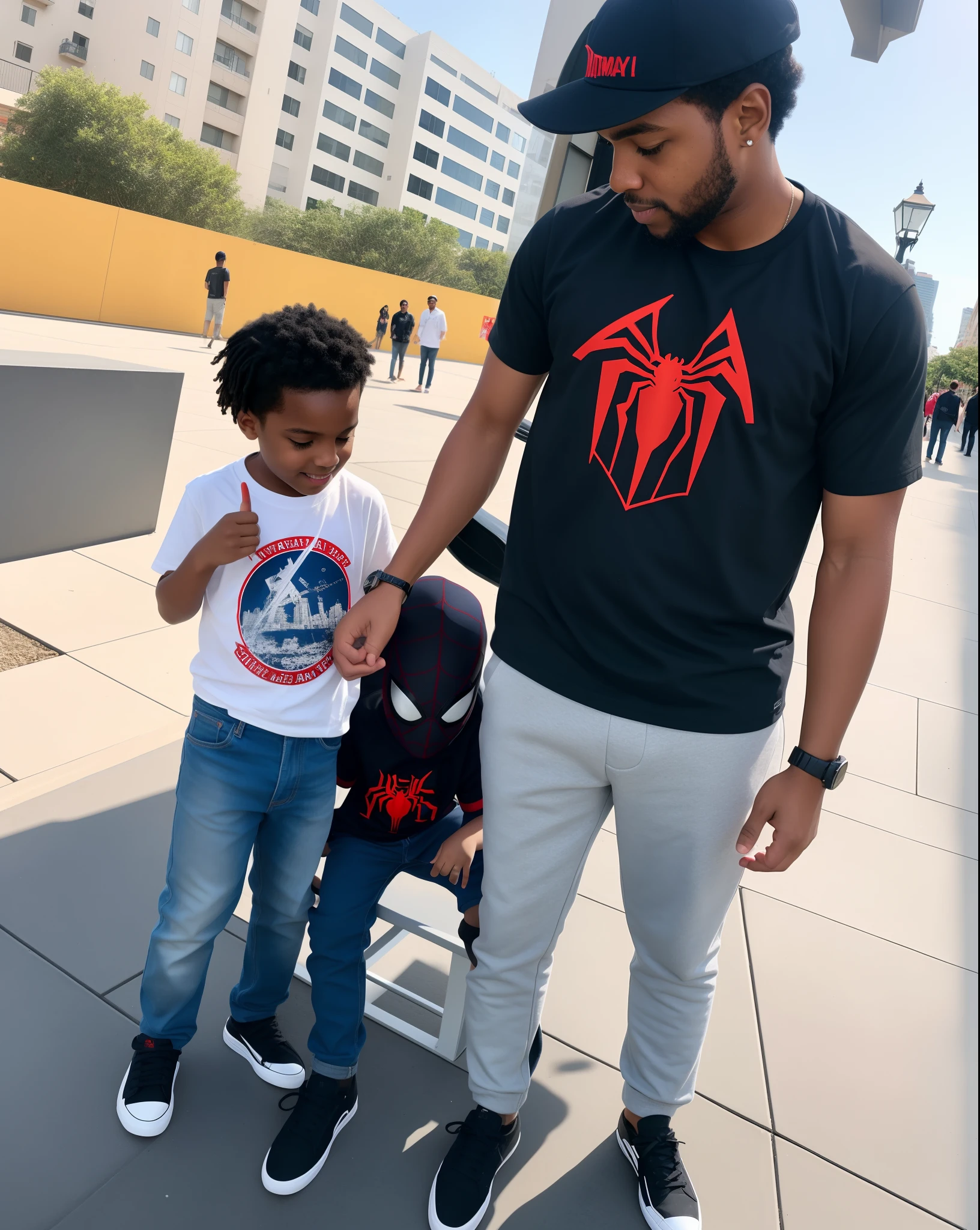 There's a man and a  standing on a bench, with a kid, Miles Morales!!!, Miles Morales, cool dad vibes, pai com filho, papai/paterno, Spiderman!!, tirado no iphone 14 pro, on sidewalk, Riyahd Cassiem, na cidade, tirado no iphone 1 3 pro, vida na rua, next gen