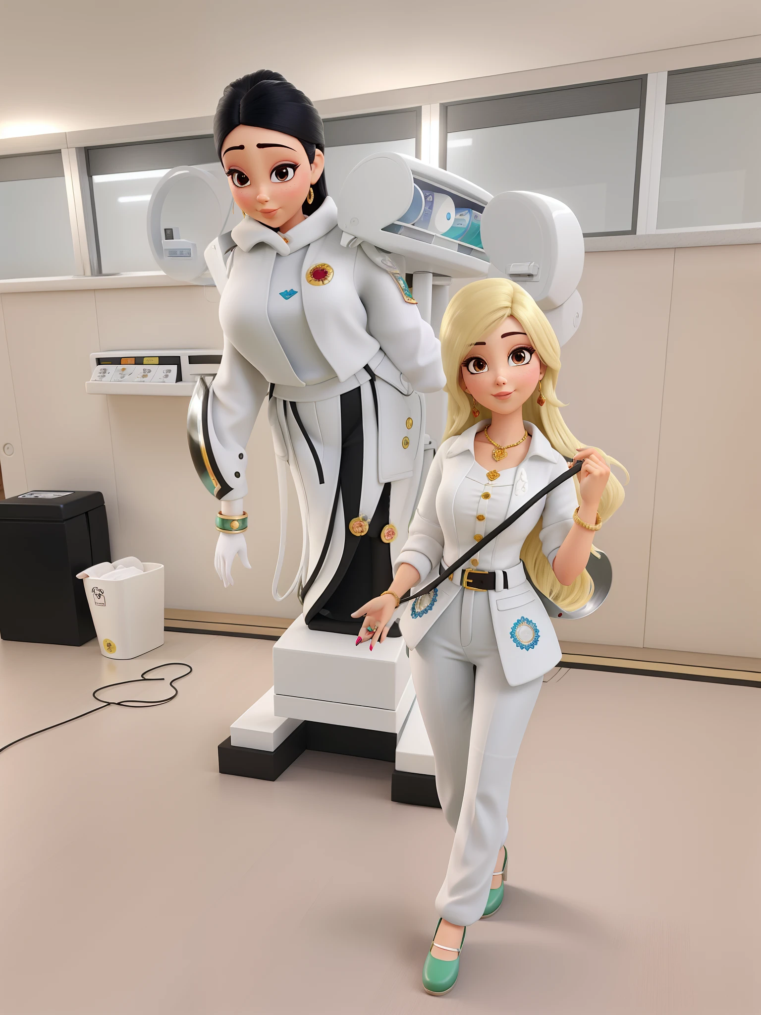Mulher parda clara, cabelos ondulados com luzes loiras, Asian eyes, nariz com ponta bulbosa, wide lips, rosto oval, com jaleco da UFRJ, heart tattoo on the ring finger of the left hand and ring on the ring finger of the right hand, estilo pixar