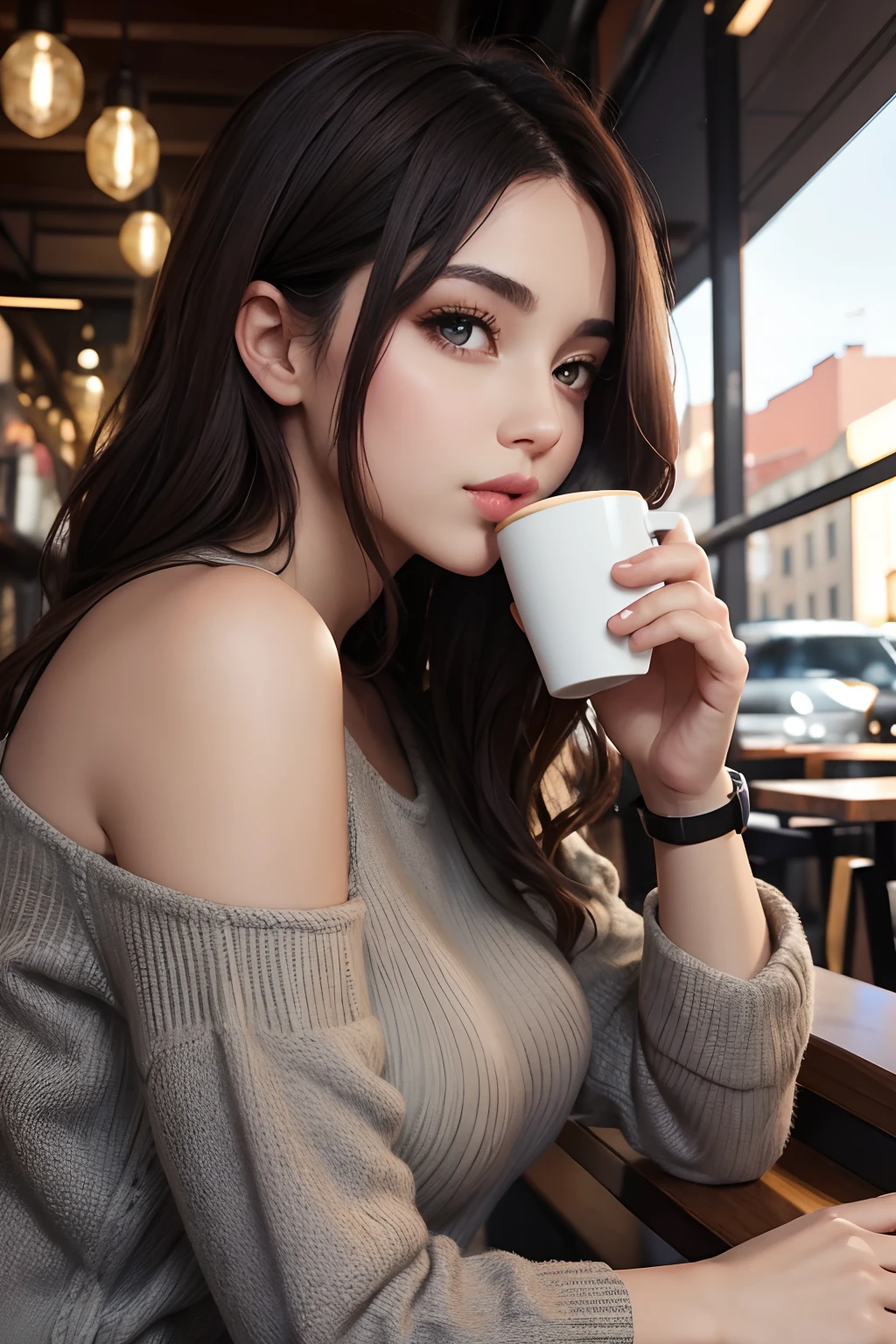 A beautiful woman. Dark brown hair. Beautiful double eyes. The bridge of my nose. Well-shaped lips. modern clothing. Early twenties. drinking coffee at a cafe. 8K image quality. A masterpiece.