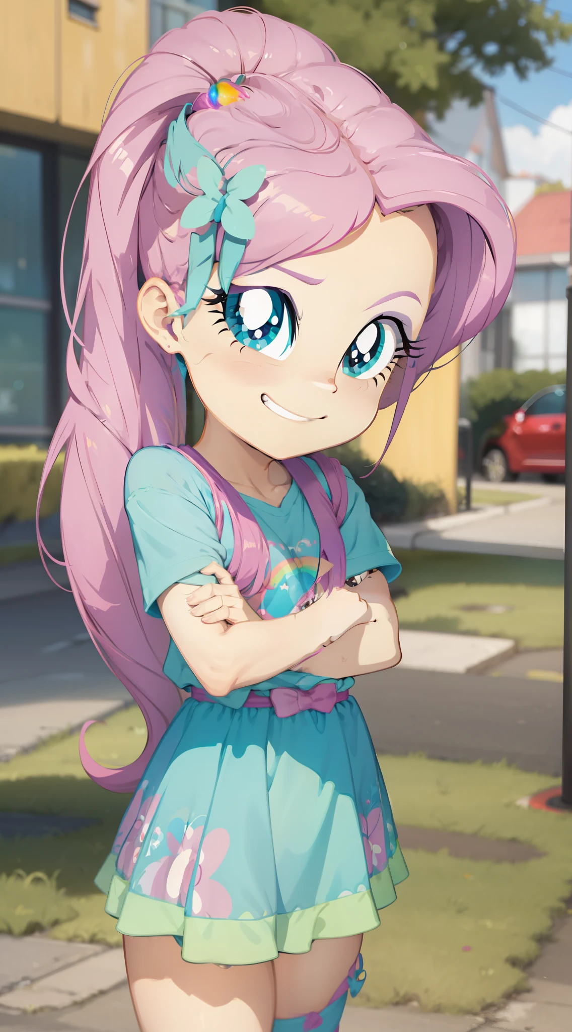 a close up of a cartoon pony with a rainbow on it, rainbow dash, giddy smirk, her hair is in a pony tail, auroracore, fim still, with no derpy face, she has a cute expressive face, mlp, she has two ponytails, windy mane, rainbowcore, bright rainbow nimbus, proud smirk, wry smirk