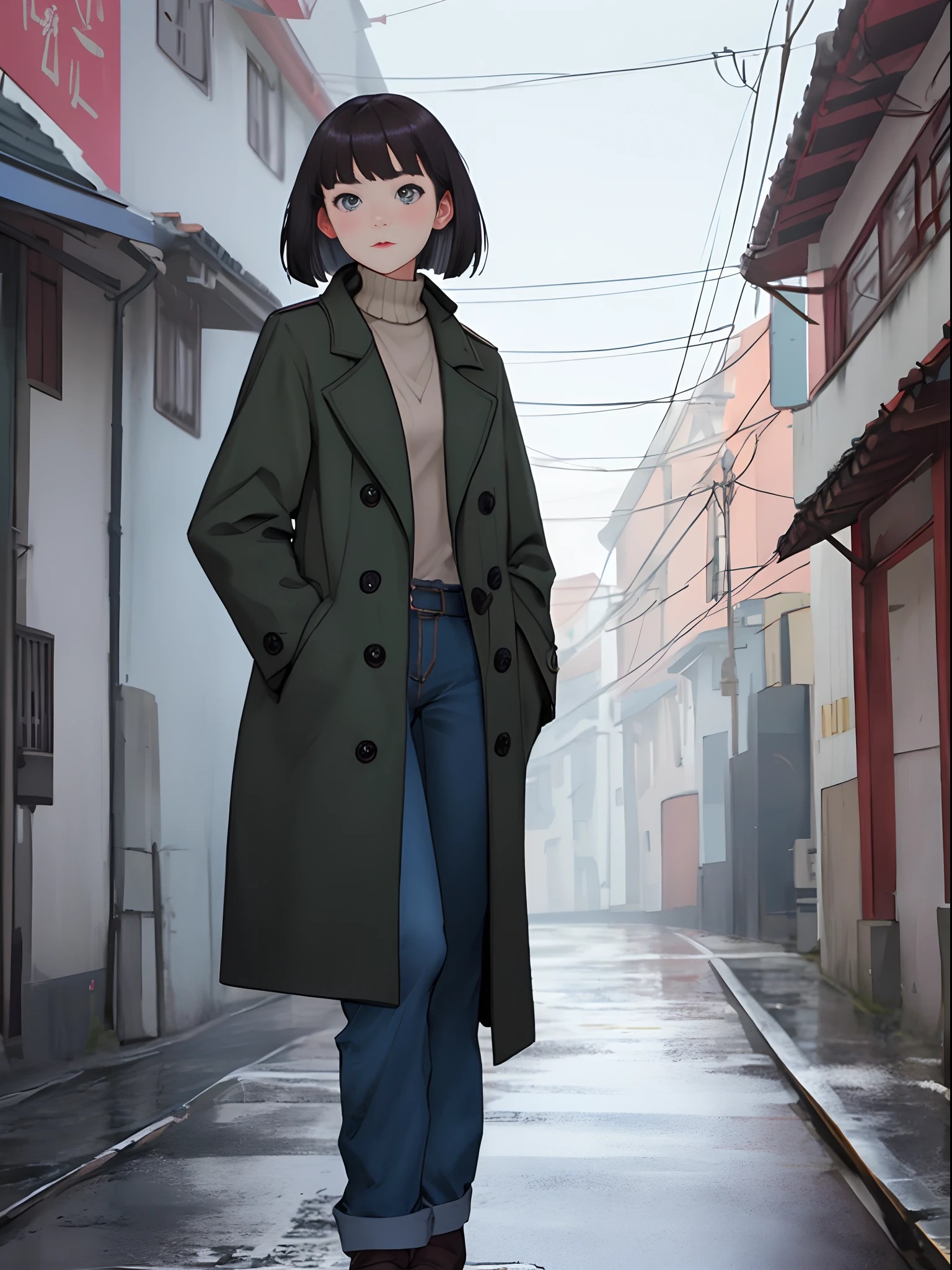 Try to generate a girl with a bob of Russian-Asian appearance in a coat