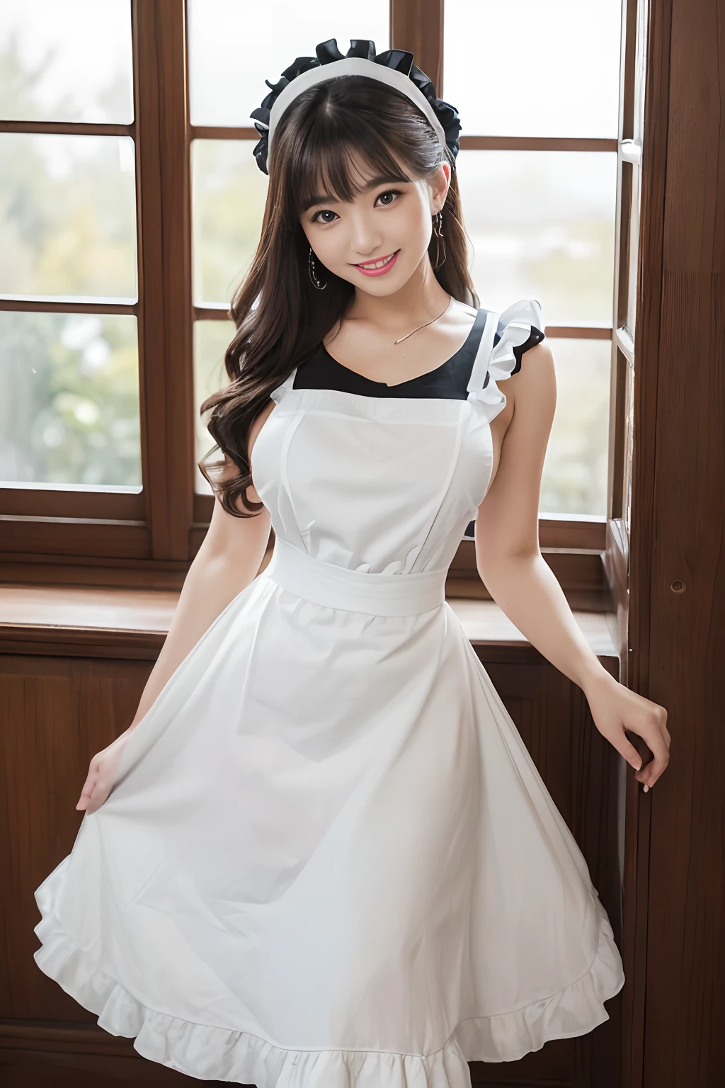 ((1 Beautiful Maid,Adult maid,20yr old,Half Japan and half Spanish,victorian maid, black and white maid uniform,Maid clothes with frills,Maid outfit with big apron,Maid outfit with a big apron,Luxury Maid Clothing,Long skirt, Victorian Maid Costume,Wearing maid clothes)),((((Standing by the window,Stand near a huge window,Huge windows,I have a zoukin,)))),((The background is a large mansion room,Detailed interior decoration of an upscale Japan mansion,Japan Mansion,Very large room,)),(Emphasize body lines,large full breasts,Big breasts that are about to burst,stares at the camera,smil,a smile,Looking at the camera,Top image quality, Top image quality, ​masterpiece, White teeth,stares at the camera,high-definition RAW color photography, professional photograpy, extremely delicate and beautiful, Extremely detailed,finely detail, Huge file size,Top image quality,8K,Photos taken with a single-lens reflex camera)