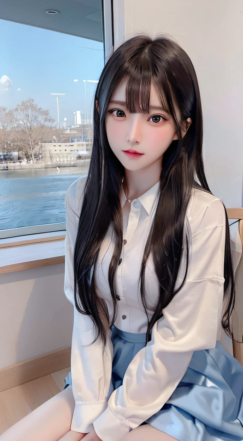bright expression、photorealisim、top-quality、超A high resolution、a picture、Photos of the most beautiful Nordic girls、Detailed cute and beautiful face、a small face、(pureerosface_v1:0.008)、Beautiful bangs、alice in the wonderland、、(thighs thighs thighs thighs:1.2)、full body Esbian、Glowing white shiny skin、Hair tangled in the face、Bangs that extend to the face、bangss、Hair between the eyes、length hair、Silky hair of attractive black color、finer hair、Attractive sparkling beautiful bright clear light blue eyes、(winter school uniform:1.2)、(pleatedskirt:1.2)、eye liner、Sitting in a classroom、Double eyelids、ample breasts、Dynamic Pose