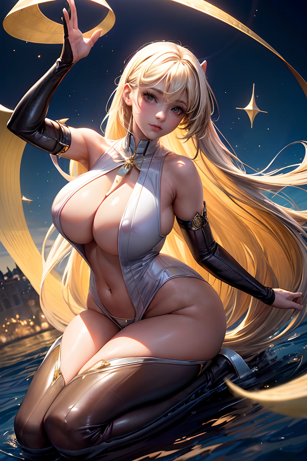 (Obra maestra:1.2), (La mejor calidad:1.2), Perfect lighting, Chica Maga Oscura lanzando un hechizo, flotando en el aire, tetas grandes, escote, desde arriba, Destellos de magia. Luces artificiales. Pose sejustiva y sexy