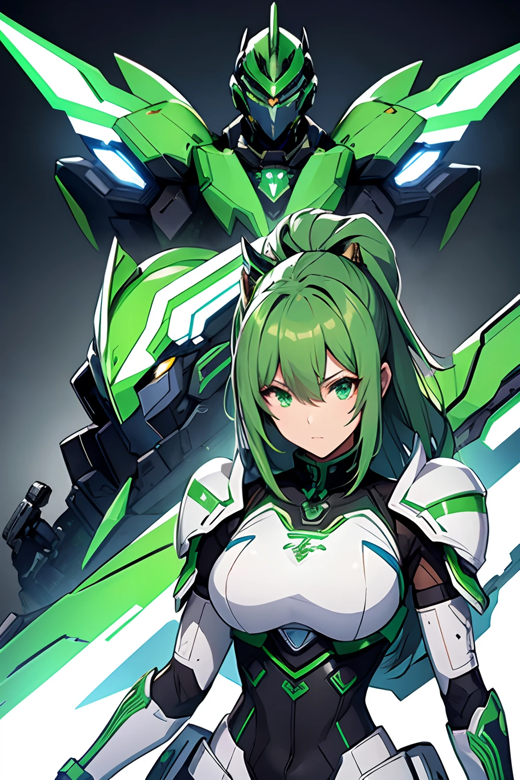 A woman dressed in green and white carries a gun, knights of zodiac girl, girl in mecha cyber armor, Portrait Chevaliers du Zodiaque Fille, cyber japan armor, rogue anime girl, Katana Zero video game character, scarab reploid, phantasy star online, cyber japan style armor, cyber fight armor, android heroine, Mechanized Valkyrie girl