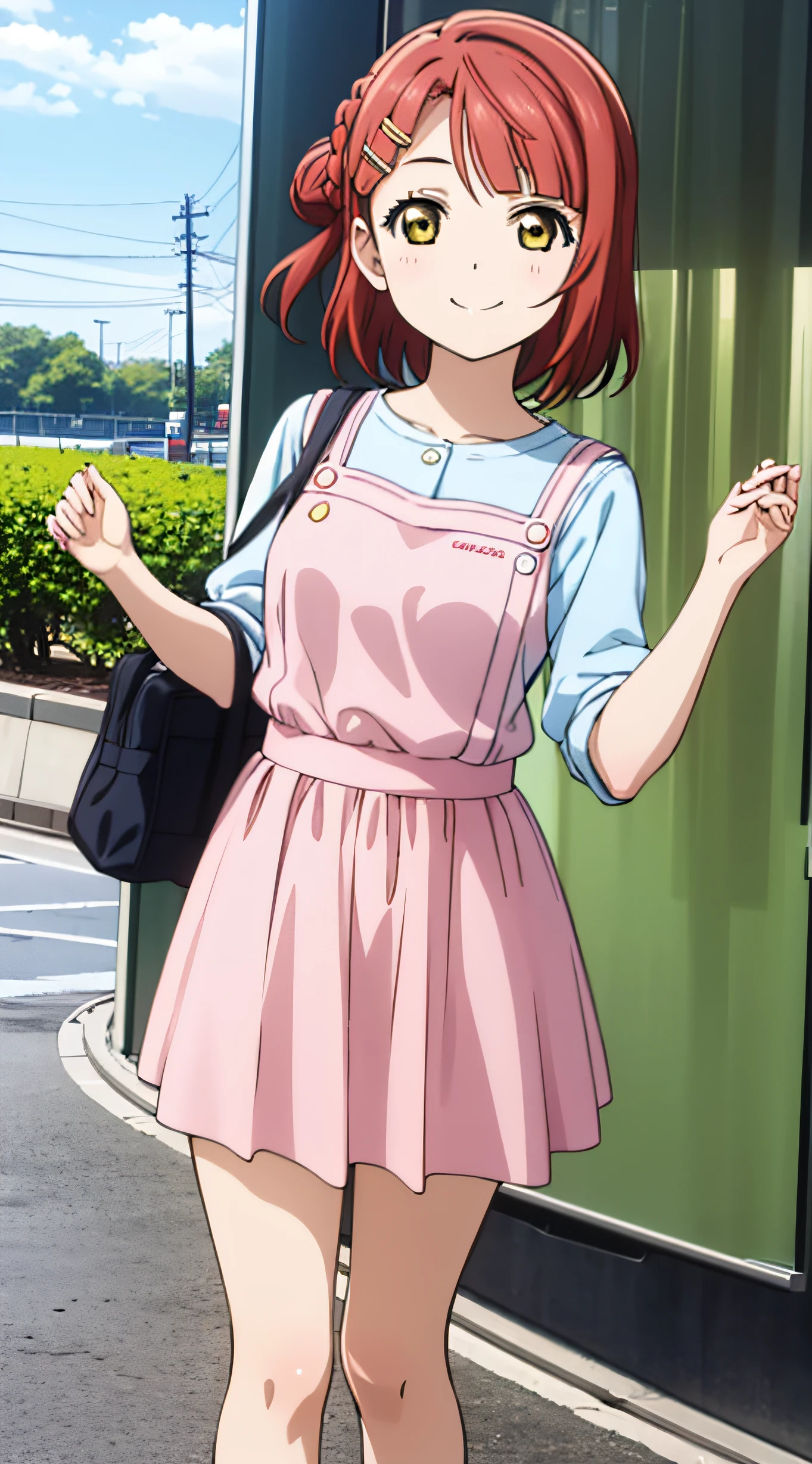 (best quality, masterpiece:1.2), 1girl, solo, cute, looking at viewer, smile, smilling, uehara ayumu, yellow eyes, medium hair, braided bun, pink hair, yume e no ippo dress, holding viewer hand