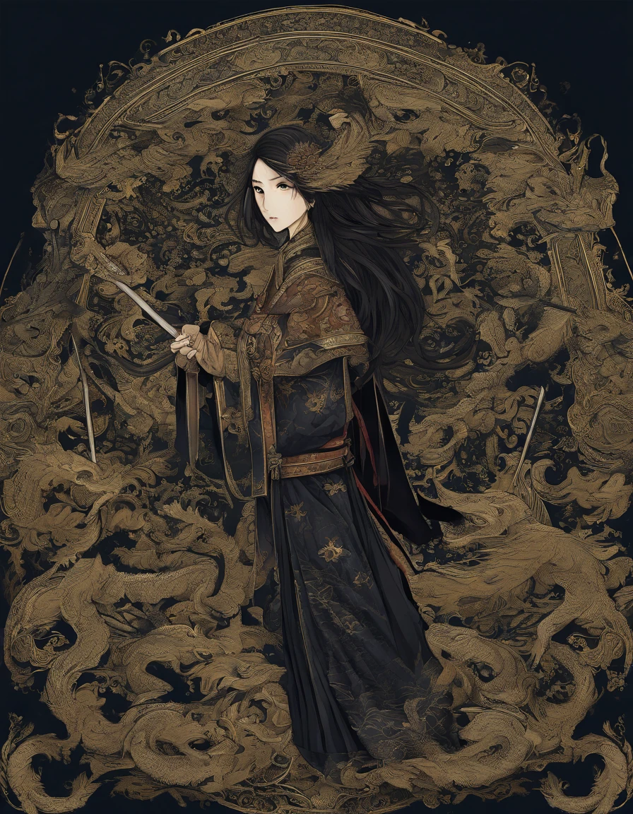 (Wearing a phoenix helmet,Close-up of Mulan in dark blue armor and a long sword),Front close-up,In front of Mulan's face was a sword that shone with a cold light,The hilt of the sword is engraved with a beautiful pattern,Very long hair, Black hair, Big black eyes, Long eyelashes, Sexy red lips, Resolute expression, (The upper body wears dark blue armor made of fish scales and iron sheets), (The armor was also inlaid with golden stars),(floral embroidery:1.2), (The cloak is decorated in black and gold), disney movie《Mulan》, swordsmen,Kungfu,Chinese costume,Wielding his sword, he cleaved the clouds, Show stars embroidery on the background: (Red Phoenix:1.1),Scarlet night sky, (A round of the moon,),Sand and foam are swirling,Blue gas vortex, swirling sand and foam, dust kicked up,Such as foam,Rivers of blood flow, dead tree,cawing ravens, {{Masterpiece}} , {{{Best quality}}} , {{Ultra-detailed}} , {{{illustration}}} , {{Disheveled hair}} ,Clear facial features, c4d渲染,,Look up,3Drenderingof,Skin texture, Facial spots,Oriental beauty,