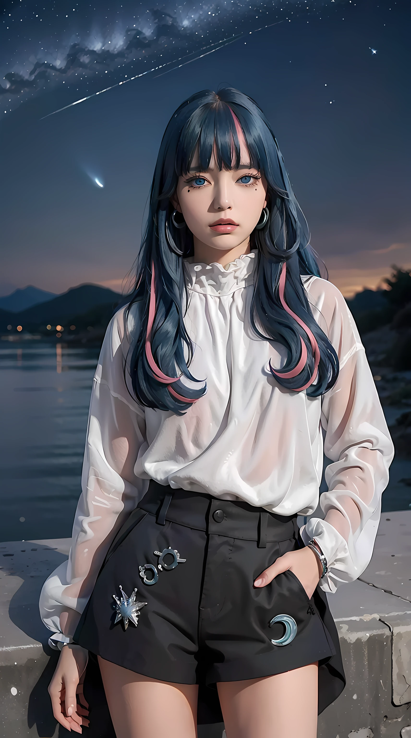 ((best quality)), ((highly detailed)), masterpiece, ((official art)), detailed face, beautiful face, (detailed eyes:1.3, deep eyes), (eida), long hair, looking at viewer, bangs, blue eyes, shirt, long sleeves, jewelry, very long hair, blue hair, pink hair, multicolored hair, earrings, sky, shorts, blunt bangs, star (symbol), nail polish, bracelet, two-tone hair, streaked hair, hand on hip, short shorts, night, black shorts, crescent, star (sky), night sky, personification, starry sky, high-waist shortsbest quality, masterpiece, intricate details, tonemapping, sharp focus, hyper detailed, trending on Artstation,1 girl, solo,best quality, masterpiece, intricate details, tonemapping, sharp focus, hyper detailed, trending on Artstation,1 girl, solo