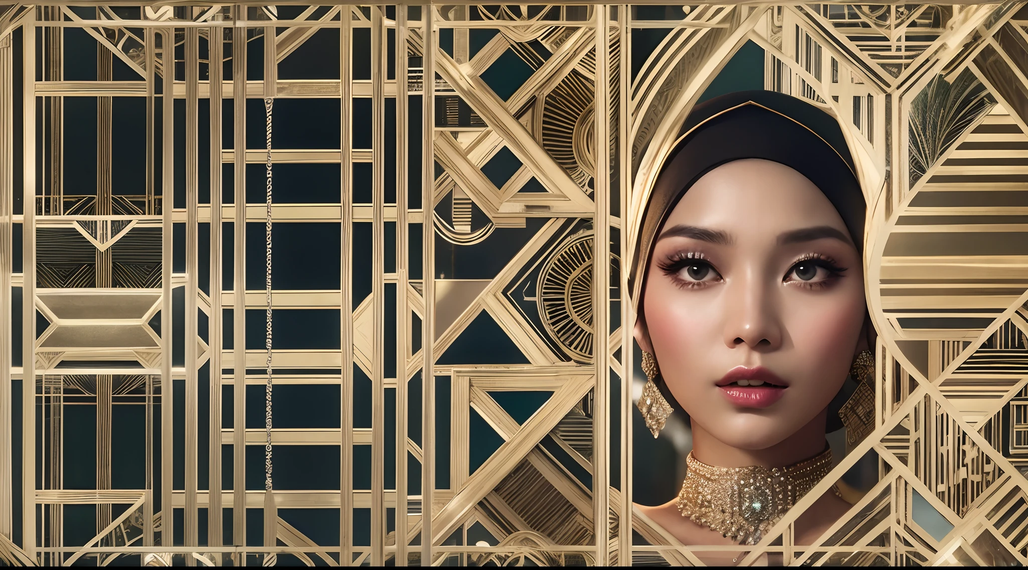 Generate a film still reminiscent of 'The Great Gatsby' with a Malay girl in hijab attending a glamorous 1920s-themed party. Use a 50mm lens to capture the elegance and opulence of the event, Extreme close-up, Deep Focus cinematography effect, hyper-realistic photo,