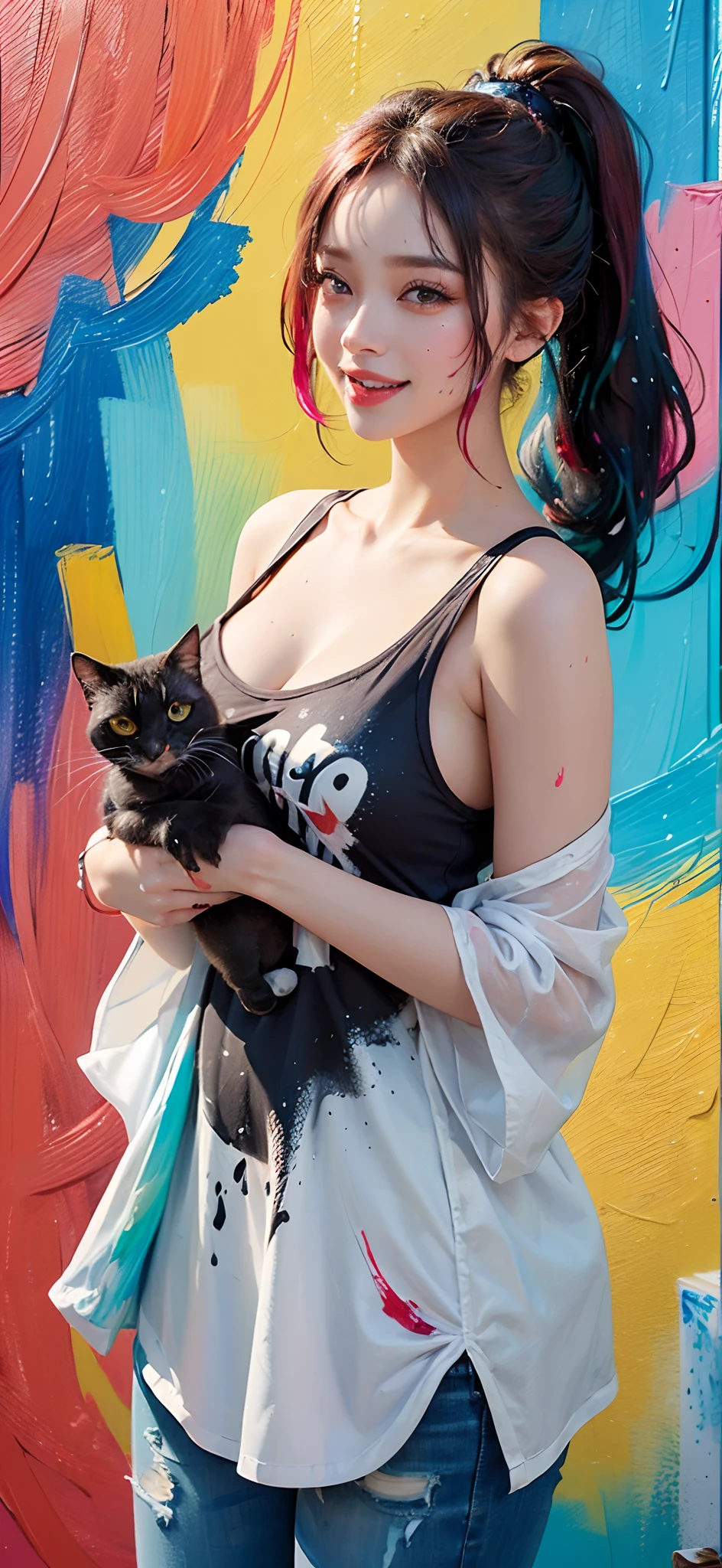 (solid background), ((multiple thick acrylic pigment vivid color splashes on a background and the girls clothes, high saturation colored paints):1.9), large crystal clear eyes, (high ponytail hair dyed with several vivid colors:1.6), (exquisite makeup, long eyelashes, small fresh, wipe chest), (white off-shoulder Fashion T-shirt:1.2), (multiple color splashes of thick acrylic pigment paint on her clothes:1.6), (Highest Image Quality, Masterpiece, Depth of Field), (lovely smile, excited), (sometimes hold a cat in her arms:0.8),