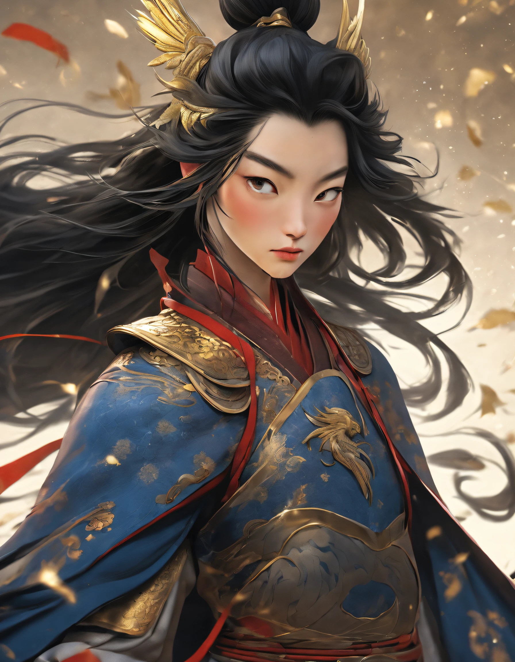 3D rendering of (Hua Mulan, wearing a phoenix helmet and dark blue armor, holds a long sword close-up), front close-up, in front of Hua Mulan's face is a sword shining with cold light, the hilt is engraved with beautiful patterns, very long hair, ebony hair, big black eyes, long eyelashes, sexy red lips, resolute expression, (the upper body is wearing a dark blue armor made of fish scales and iron), (the armor is also inlaid with gold stars), (floral embroidery: 1.2), (cloak decorated in black and gold), Disney movie Mulan, martial arts, kung fu, Chinese-style fine clothes, waving his sword to split the clouds, showing stars Background embroidery: (red phoenix: 1.1), scarlet night sky, (a round of moon,), sand and foam spinning, blue gas swirling, spinning sand and foam, dusty,,{{masterpiece}}, {{{best quality}}},{{ultra-detailed}}, {{illustration}},{{disheveled hair}},{{masterpiece}},{{{best quality}}},{{ultra-detailed}}, {{{illustration}}},{{disheveled hair}},clear facial features,close-up photo,black ink painting,a beautiful painting by Aubrey Beardsley,Alphonse Mucha,pixar style,cartoon style,illustration by Beatrix potter,Sophisticated Atmosphere,Intense Atmosphere, microscopic view,Close-Up(CU),extreme close up,Back lighting,