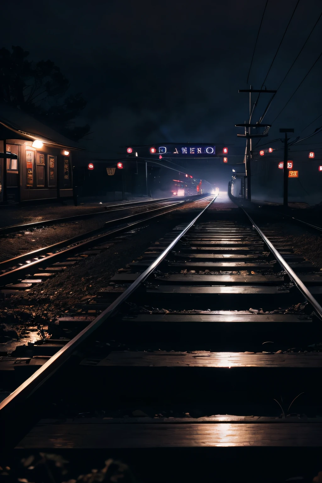 night station、creepy railroad tracks、foggy night、station platform