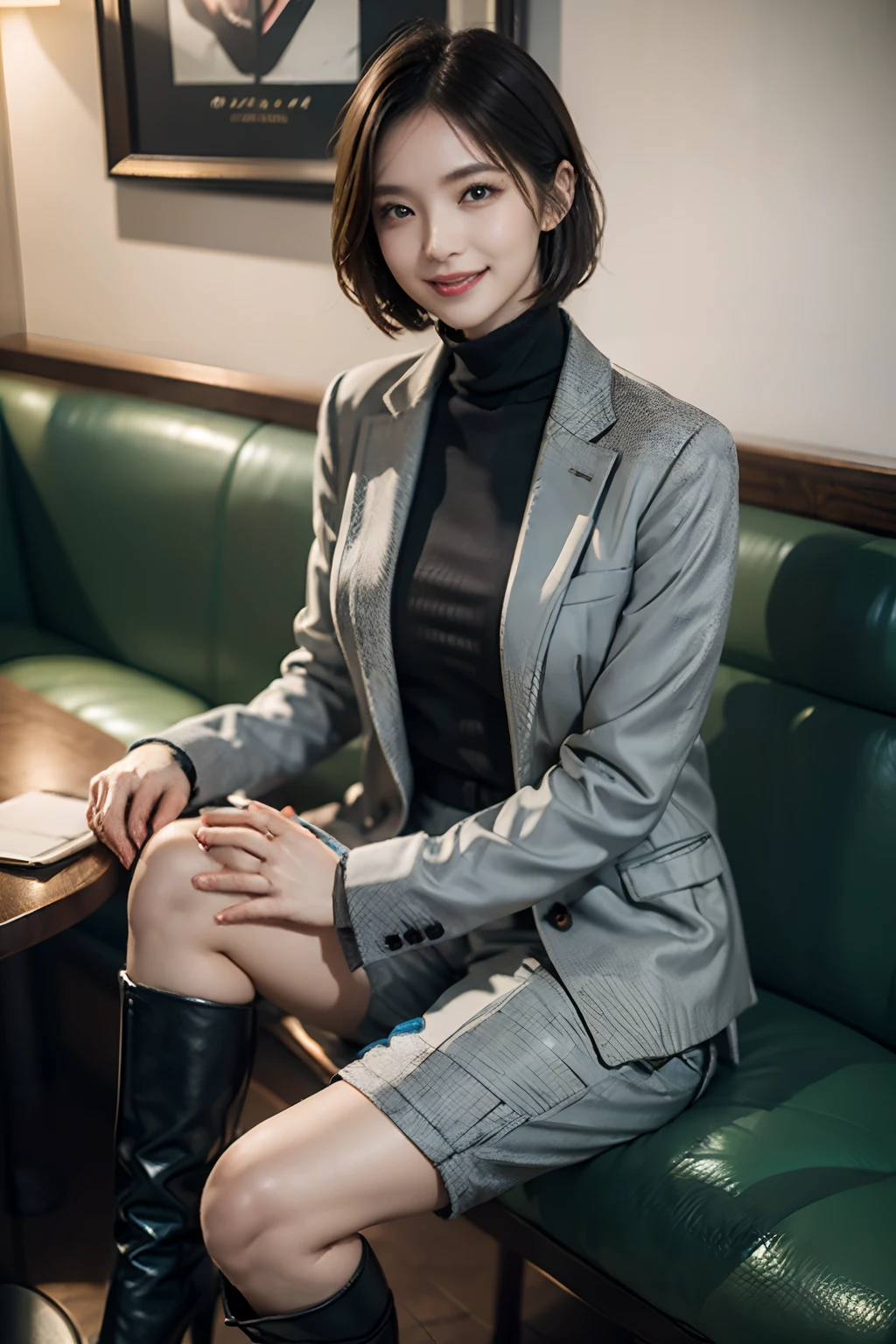 (highest quality, hight resolution, masterpiece:1.3) solo, girl, green eyes, tsurime, pink and very short hair, large breasts, detailed skin, BREAK (gray double tailored jacket), turtleneck shirts, Tweed Bermuda shorts, black shoulder bag, black high-heeled long boots, cafe, sitting, crossed legs, smile, drink coffee, cowboy shot