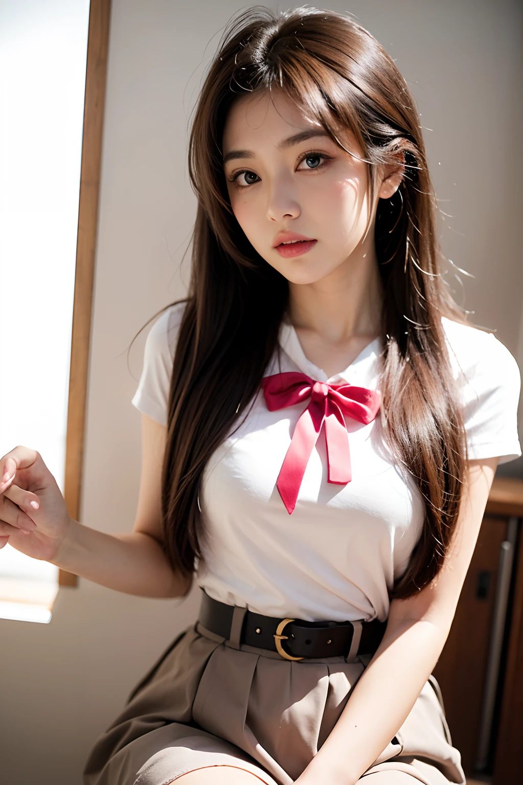 (1girl), masterpiece, best quality, super fine illustration, an extremely cute thick girl,amateur, highly detailed beautiful face, looking at viewer, 1girl, belt, closeup, looking at viewer, 4k, high res, ribbon, firis mistuld, blush, pov, twintail hair,wearing school unifrom,short pink skirt, thick outline, purple eyes, (sleep), brown hair, chibi, love expression,  ((brown hair)), (blood),