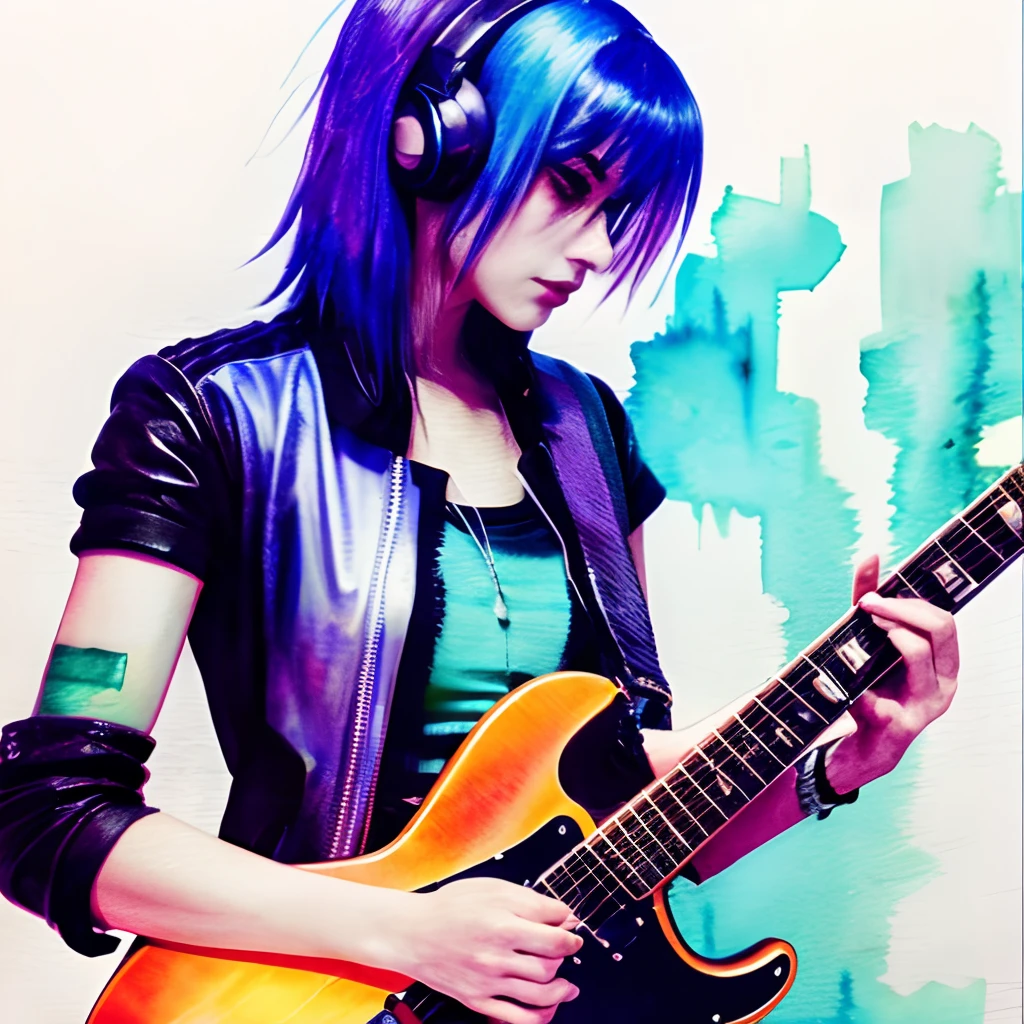 guitar,cyber punk,very watercolor,woman
