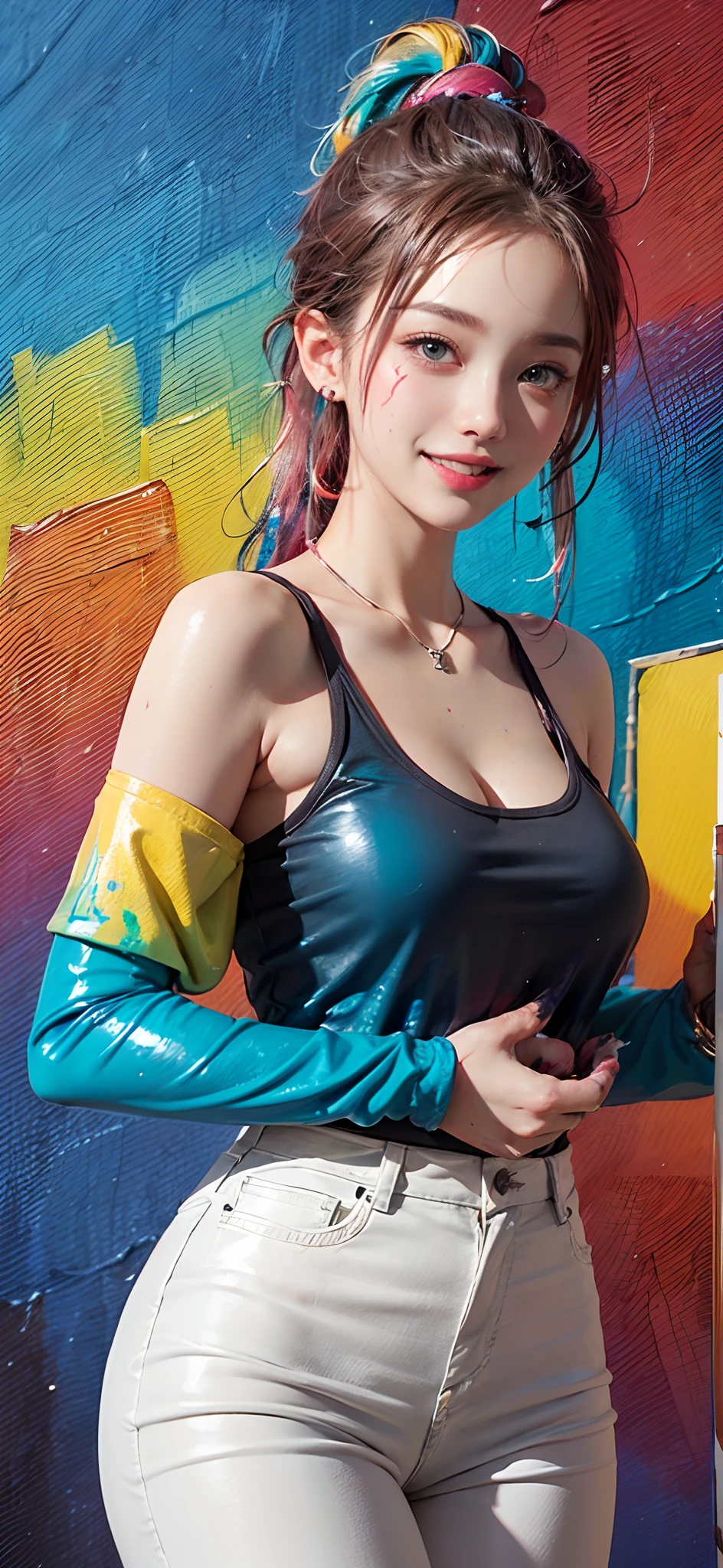 (solid background), ((multiple thick acrylic pigment vivid color splashes on a background and the girls clothes, high saturation colored paints):1.9), large crystal clear eyes, (high ponytail hair dyed with several vivid colors:1.6), (exquisite makeup, long eyelashes, small fresh, wipe chest), (white off-shoulder Fashion T-shirt:1.2), (multiple color splashes of thick acrylic pigment paint on her clothes:1.6), (Highest Image Quality, Masterpiece, Depth of Field), (lovely smile, excited), (sometimes hold a cat in her arms:0.8),