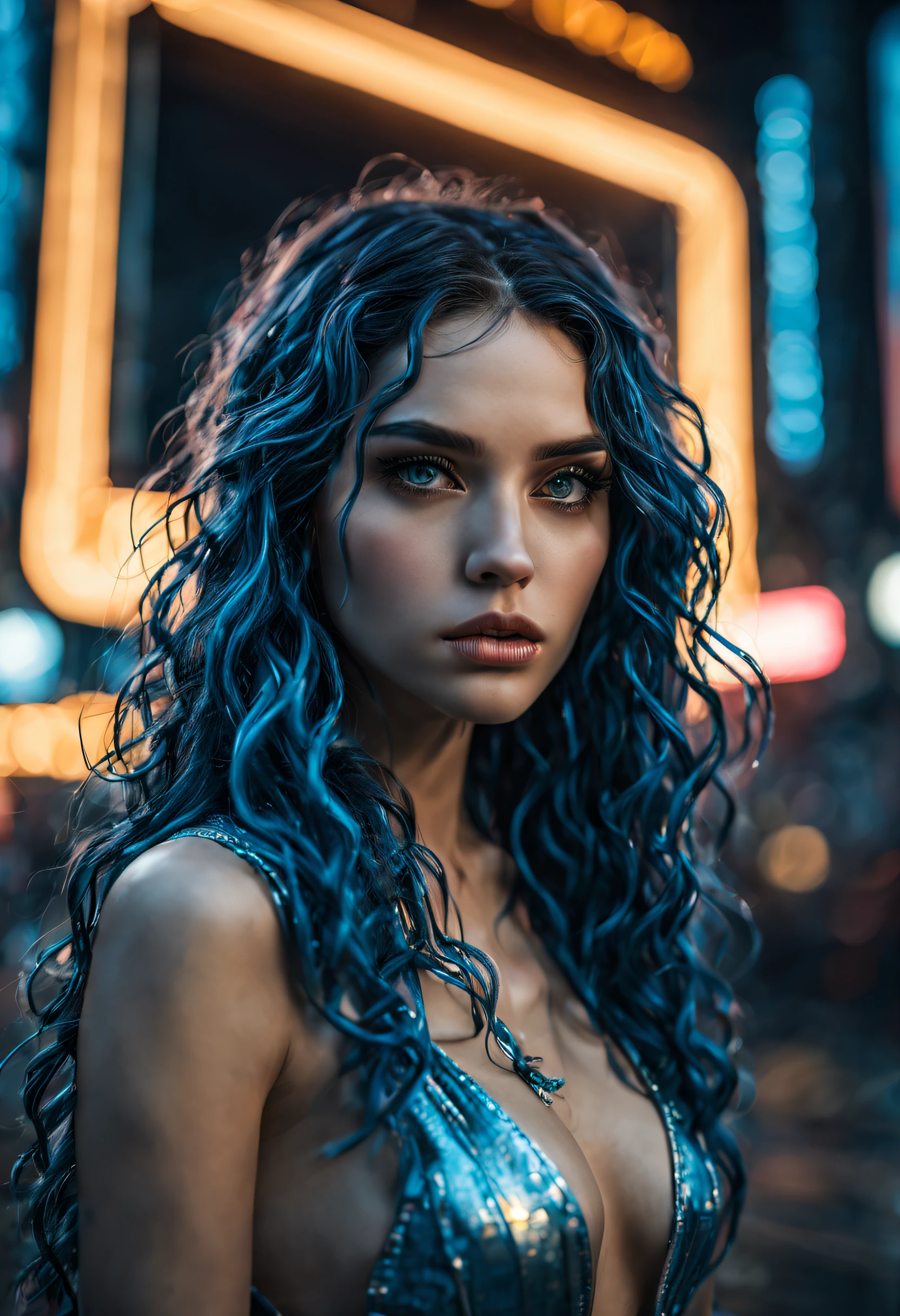 Hyper realistic professional mid body portrait, (1girl:1.1)one stunningly beautiful young shining long blue haired, long curly hair, hyper detailed and perfect, intense detailed eyes, perfect face, dark makeup ultra detailed, extemly detalled and perfect face, face, cinematic photo neon sign,, neon lights, sunset, reflective puddles, scifi,85mm photograph, film, bokeh, professional, 4k, highly detailed