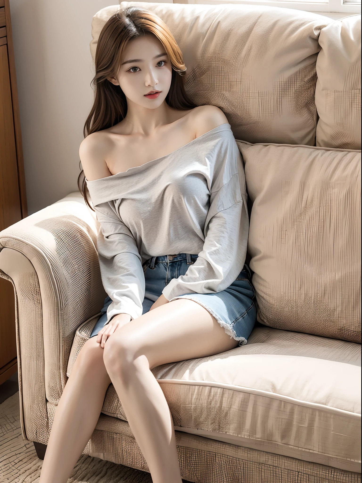 (full body), 1girl,Sit on a comfortable sofa,crossed legs,Soft light, T-shirt, kilt, off shoulder clothes