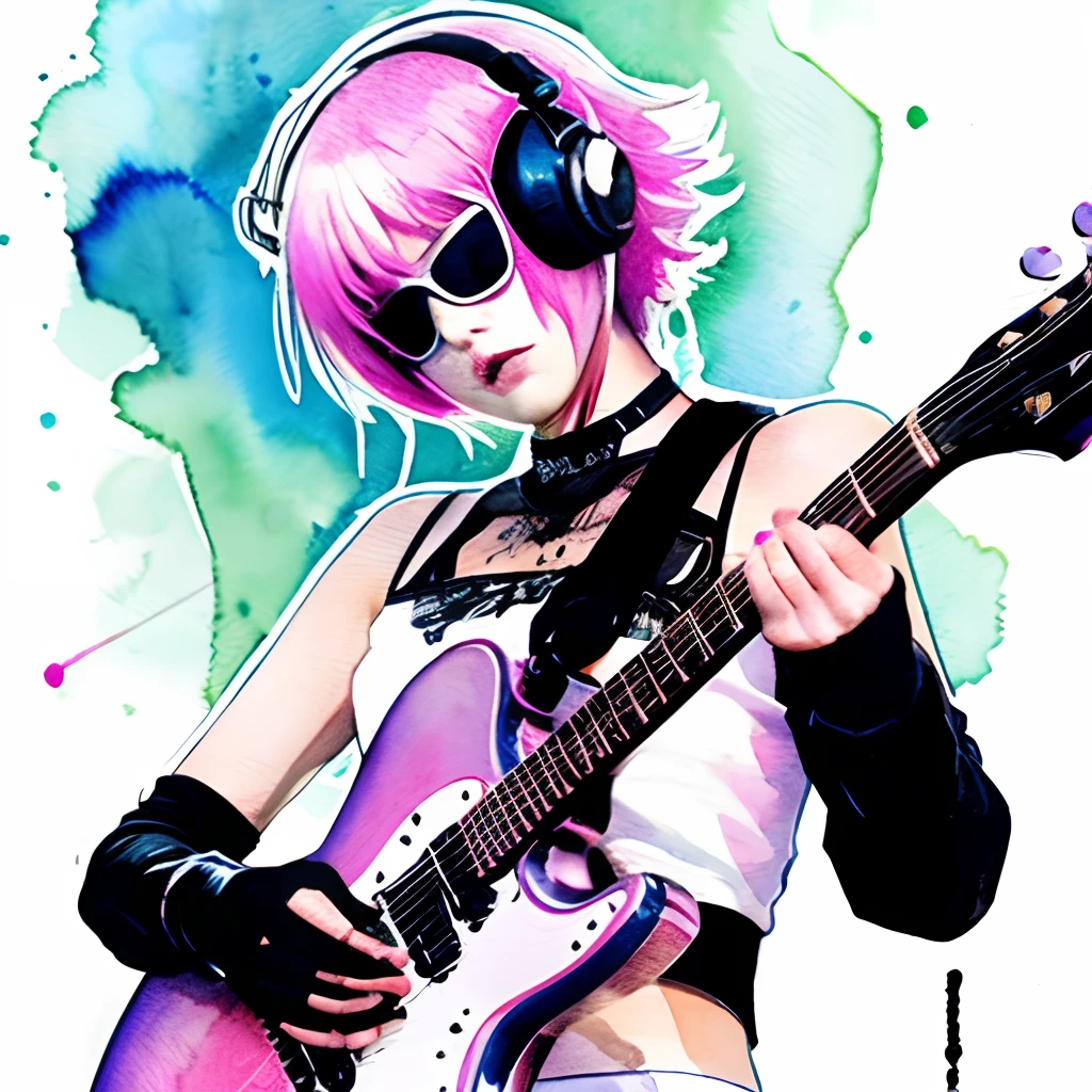 guitar,cyber punk,very watercolor,woman