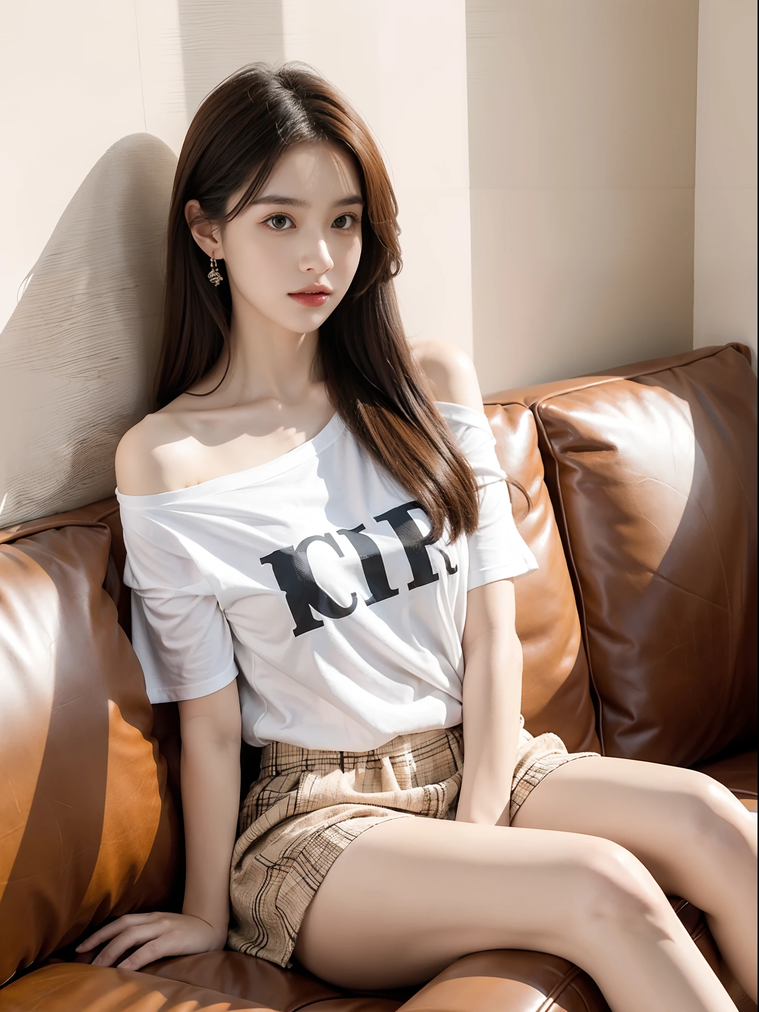 (full body), 1girl,Sit on a comfortable sofa,crossed legs,Soft light, T-shirt, kilt, off shoulder clothes