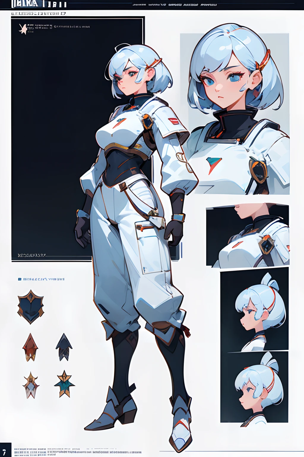 ((masterpiece))), (((best quality))), ((ultra-detailed)), ((an extremely delicate and beautiful)), ((1girl)), ((character concept art)), ((character design sheet, same character, front, side, back)), Top quality, ultra high resolution, (photorealistic: 1.4), jumpsuit, sci-fi, circuit plate mail, medium breasts, light hair, armour, space, knight, white hair, full body commission for, full body character design, interesting character design, very stylized character design, full character design, high quality character design, detailed character design, stylized character design, detailed full body concept, character design art, great character design, white background,