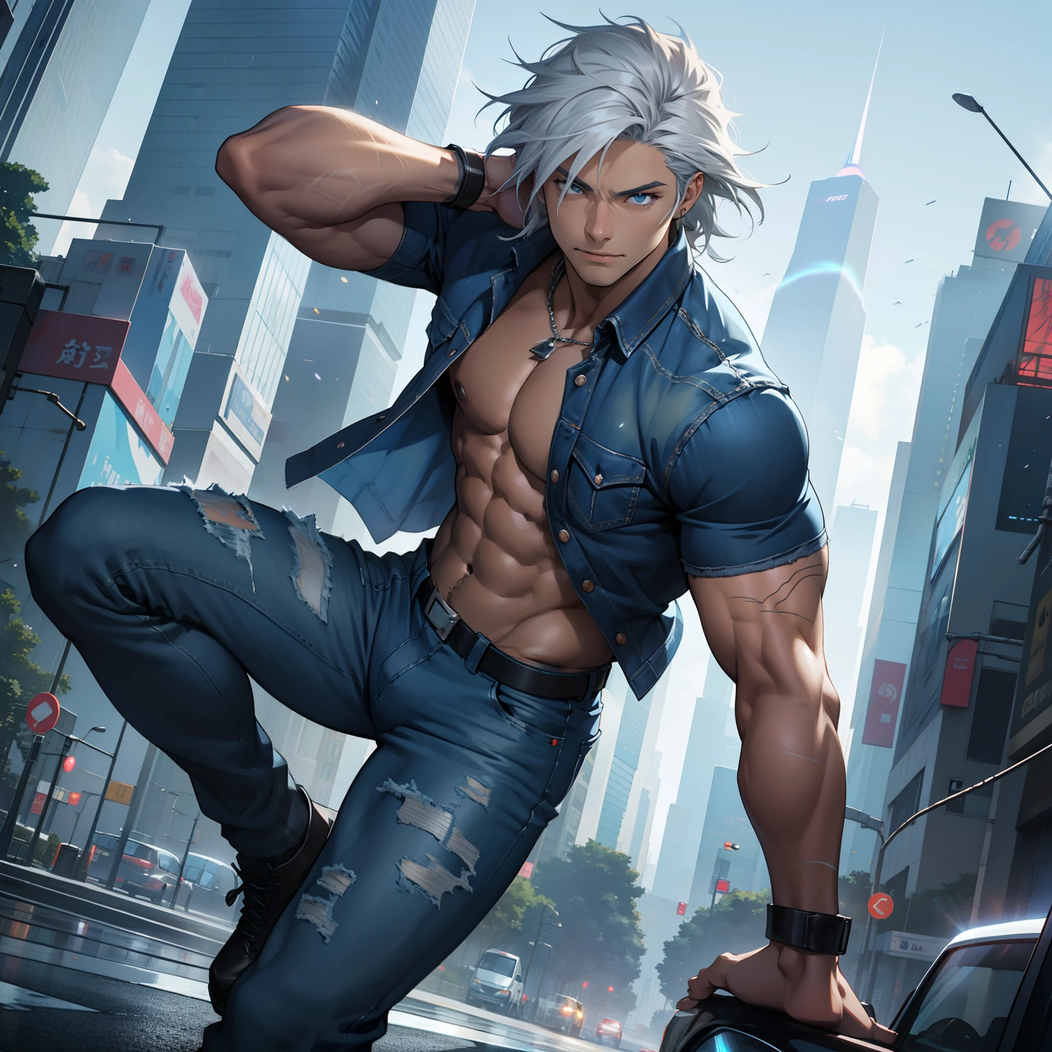 Thunder, Homem corpo adulto, ((cabelo blond)), roupas Satoru gojou, fundo neon, cabelo longo, mastigando chiclete, sentado no bar, thunder, thunder