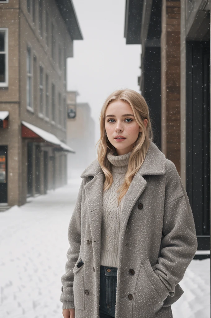 professional portrait photograph of a girl , blonde hair in winter clothing, sultry flirty look, (freckles), gorgeous symmetrical face, cute natural makeup, wearing elegant warm winter fashion clothing, ((standing outside in snowy city street)), stunning modern urban environment, ultra realistic, concept art, elegant, highly detailed, intricate, sharp focus, depth of field, f/1. 8, 85mm, medium shot, mid shot, (((professionally color graded))), bright soft diffused light, (volumetric fog), trending on instagram, hdr 4k, 8k, e