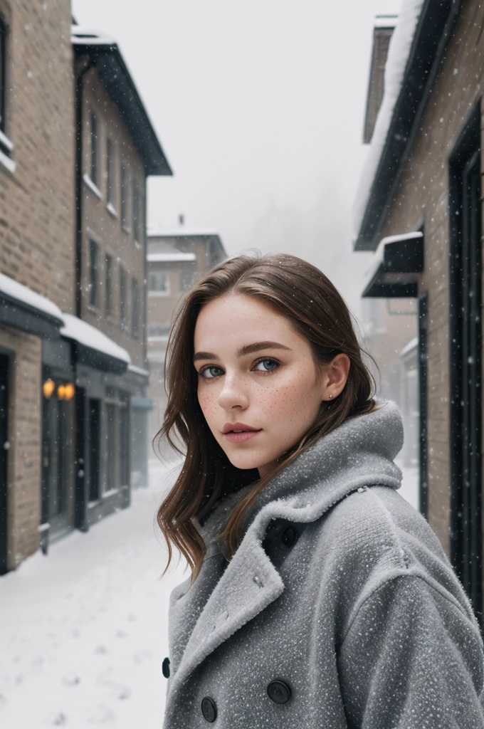 professional portrait photograph of a girl 16 years old, blonde hair in winter clothing, sultry flirty look, (freckles), gorgeous symmetrical face, cute natural makeup, wearing elegant warm winter fashion clothing, ((standing outside in snowy city street)), stunning modern urban environment, ultra realistic, concept art, elegant, highly detailed, intricate, sharp focus, depth of field, f/1. 8, 85mm, medium shot, mid shot, (((professionally color graded))), bright soft diffused light, (volumetric fog), trending on instagram, hdr 4k, 8k, e