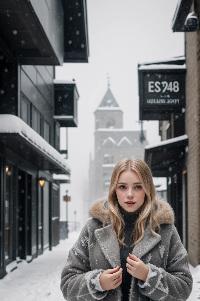 professional portrait photograph of a girl 16 years old, blonde hair in winter clothing, sultry flirty look, (freckles), gorgeous symmetrical face, cute natural makeup, wearing elegant warm winter fashion clothing, ((standing outside in snowy city street)), stunning modern urban environment, ultra realistic, concept art, elegant, highly detailed, intricate, sharp focus, depth of field, f/1. 8, 85mm, medium shot, mid shot, (((professionally color graded))), bright soft diffused light, (volumetric fog), trending on instagram, hdr 4k, 8k, e