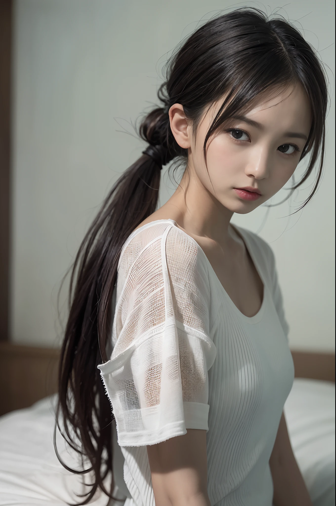 ​masterpiece, top-quality、Raw foto, Photorealsitic、1womanl、12year old、Bedroom、sleepy expression、rubbing eyes、Ponytail Black Hair、Onepiece、Towel Fabric Hair Band、unbelievable Ridiculous、depth of fields, hight resolution, ultra-detailliert, foco nítido, Cinematic lighting