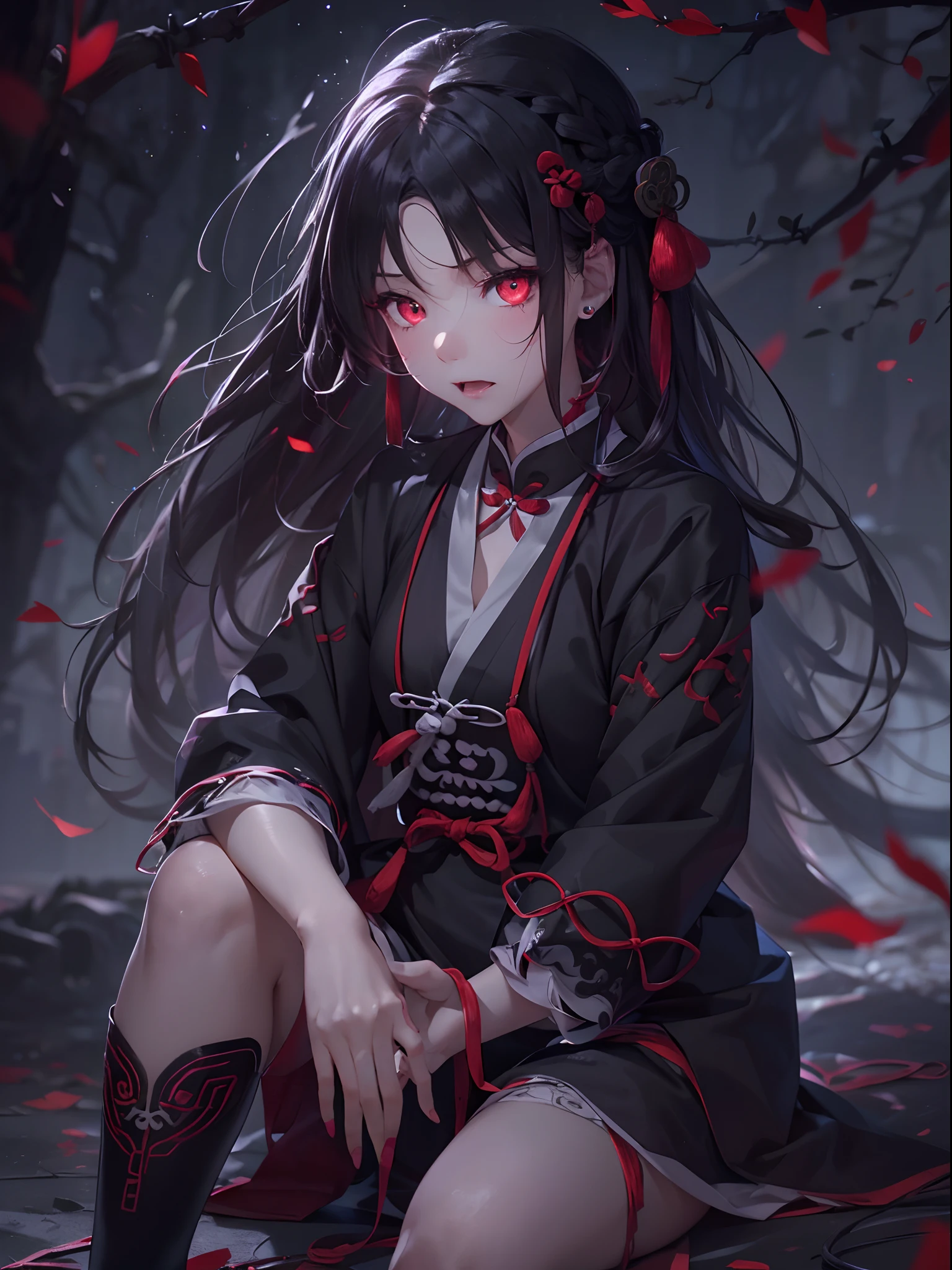 masutepiece, Best Quality, Ultra-detailed, Beautiful face, Beautiful skin, Cute little girl s, clear pale skin, Red Eyes, Glowing eyes, blac hair, Braid hair, (((Hollow surface))), (((Jiangaoist Clothing))), (((sitting and spreading her legs))), Looking down, devastated, darkness, fullmoon, jiangshi, Qing_tracking