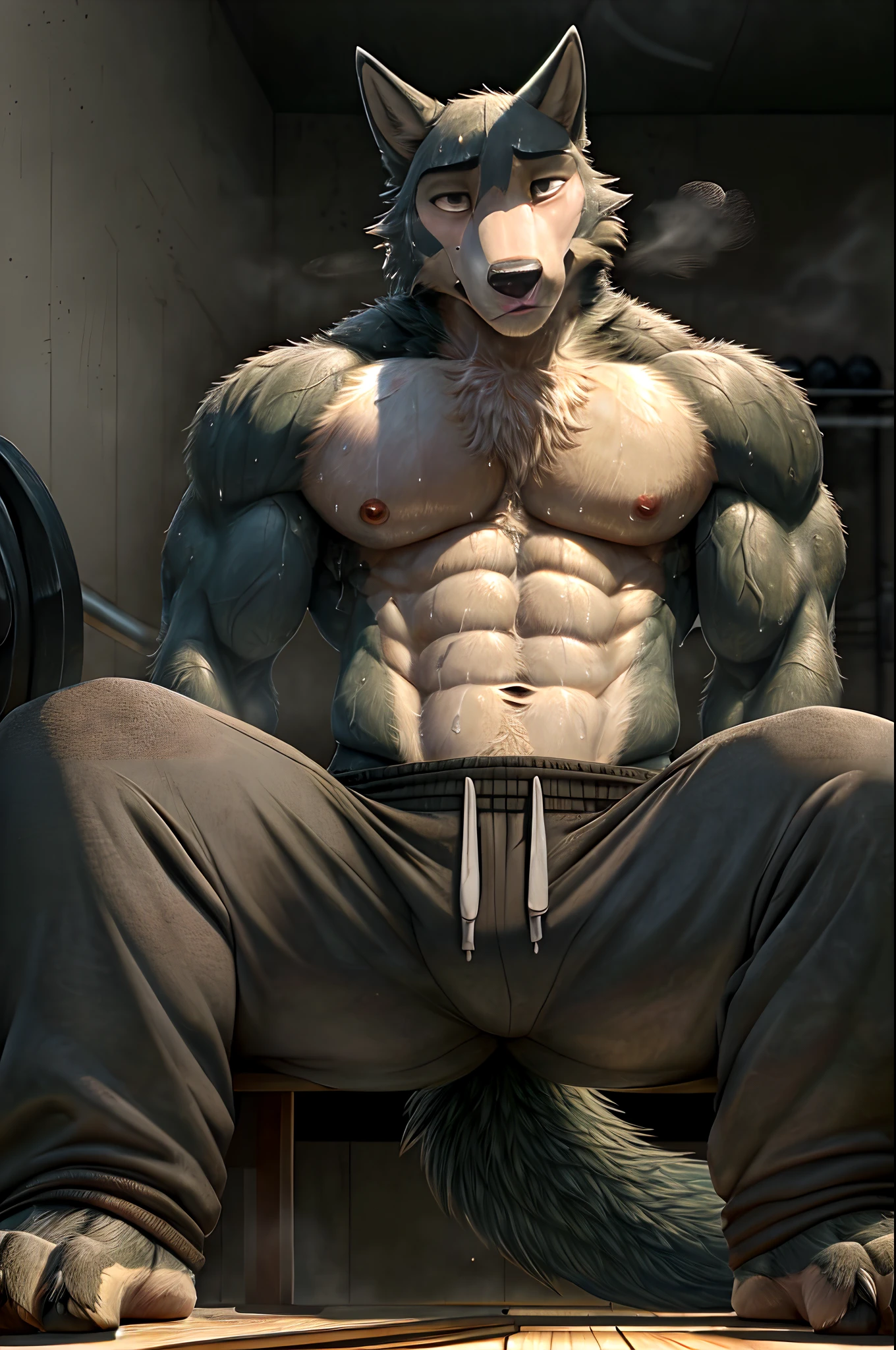 ((solo)), anthro wolf (lora; legoshi), adult, dense muscles, athletic (super strong:1.4), (correct anatomy:)1.2, (ripped body):1.0, (detailed fur texture:1.3), background (gym:1.3), (black sweatpants), (bare torso), bare paws, (detailed clothing), ultradetailed, by grimfaust, natural lighting, (sweat:1.2, wet:1.4, lots of sweat dripping down), vascular veins, exhausted, canine head (detailed eyes), (steaming breath:1.2), ((innocent:1.4) expression), (leaning forward (sitting:1.4) (view from below:1.6)